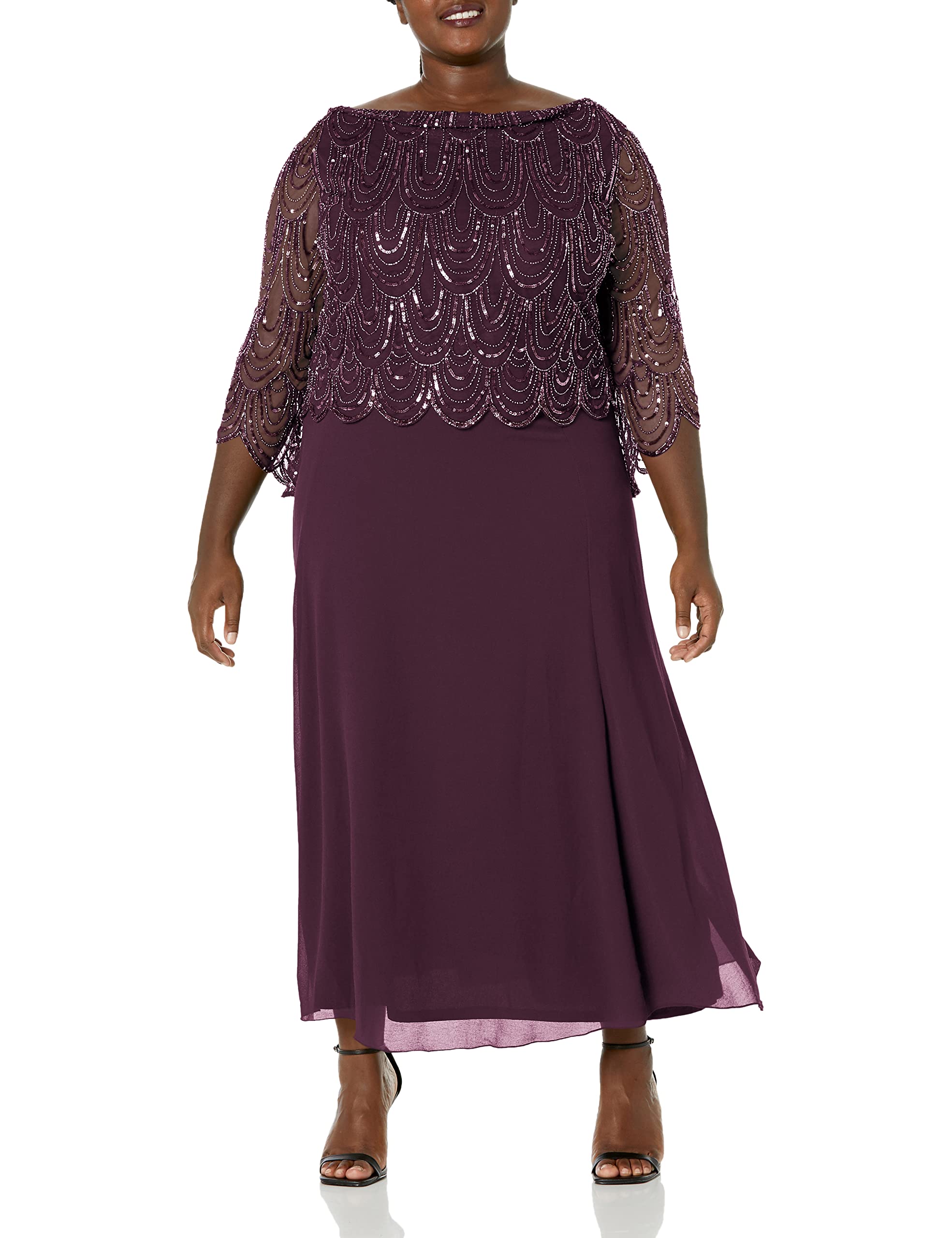 J Kara Women's Plus Size 3/4 Sleeve Scallop Beaded Pop Over Gown - Elegant Evening Dress for Parties, Weddings & Special Occasions
