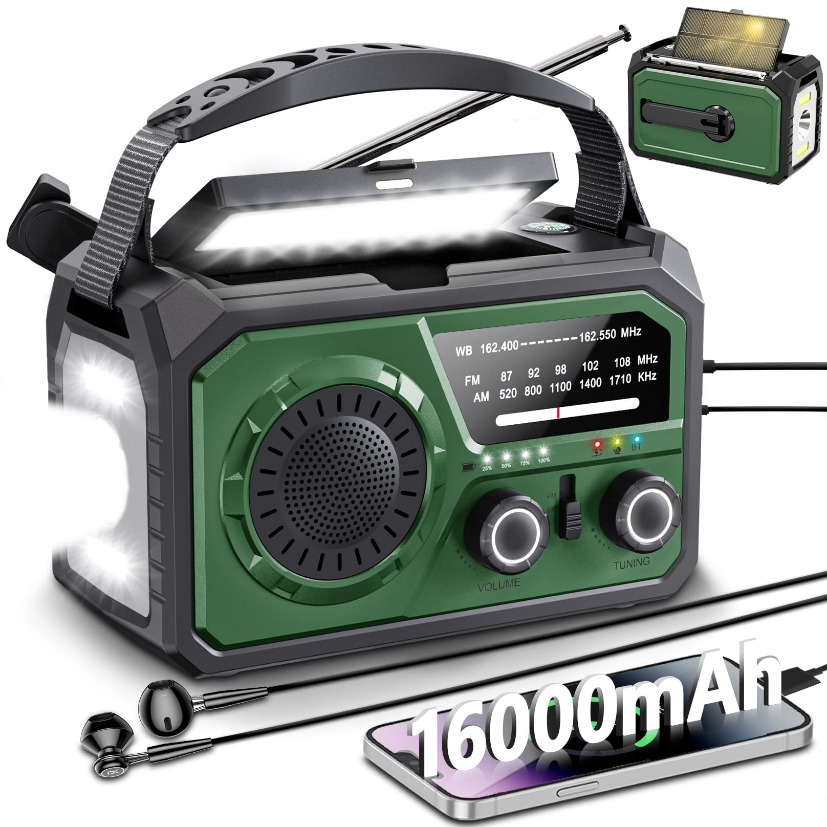 Solar Emergency Radio with Hand Crank & 16000mAh Power Bank - NOAA Weather Alert AM/FM Portable Radio, LED Flashlight, Reading Lamp, SOS Alarm, Headphone Jack for Outdoor Camping, Hiking & Survival (Dark Green)