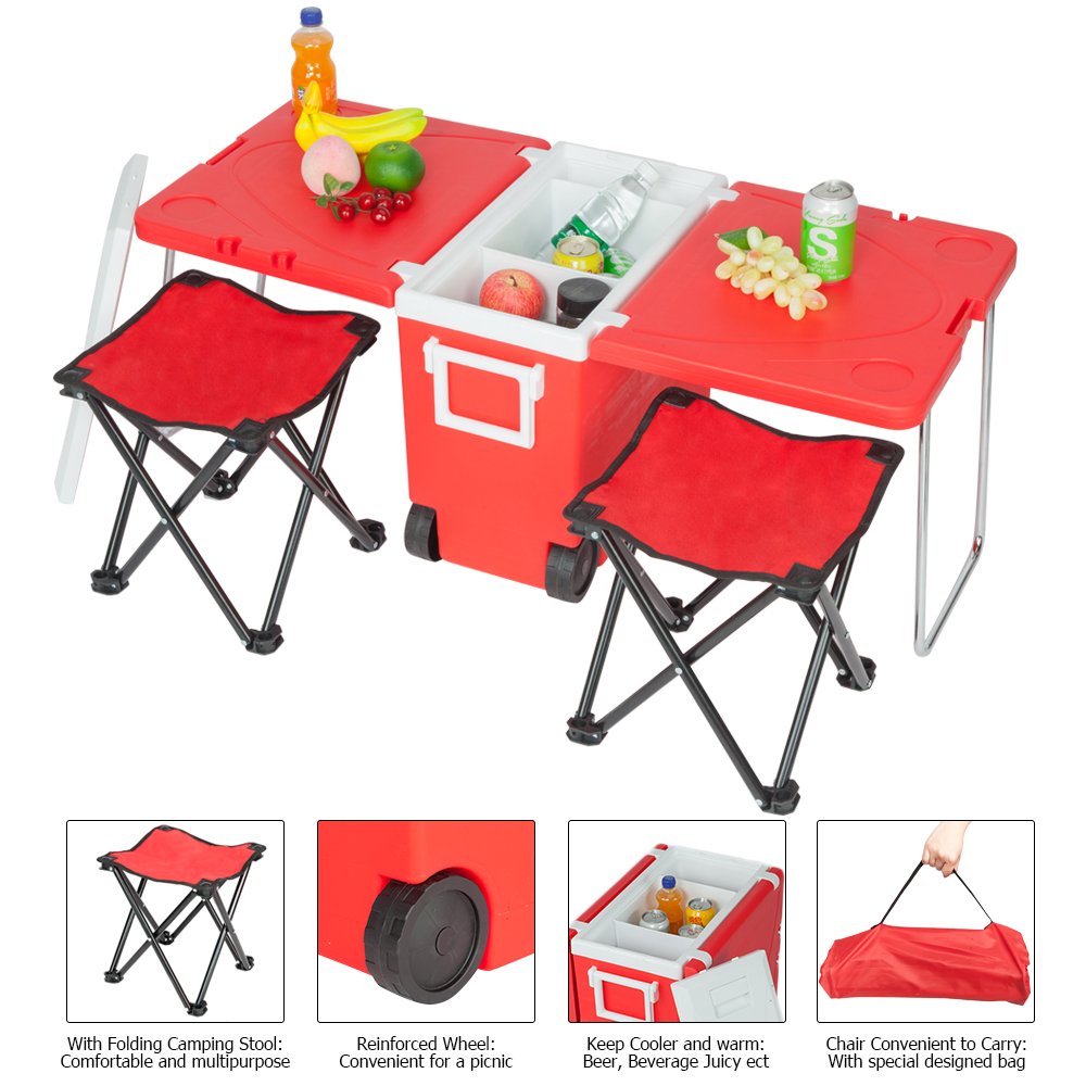 Portable Insulated Rolling Cooler & Picnic Table with 2 Foldable Fishing Chairs - Outdoor Camping, Beach, BBQ & Tailgating Essentials for Cold Drinks & Food Storage