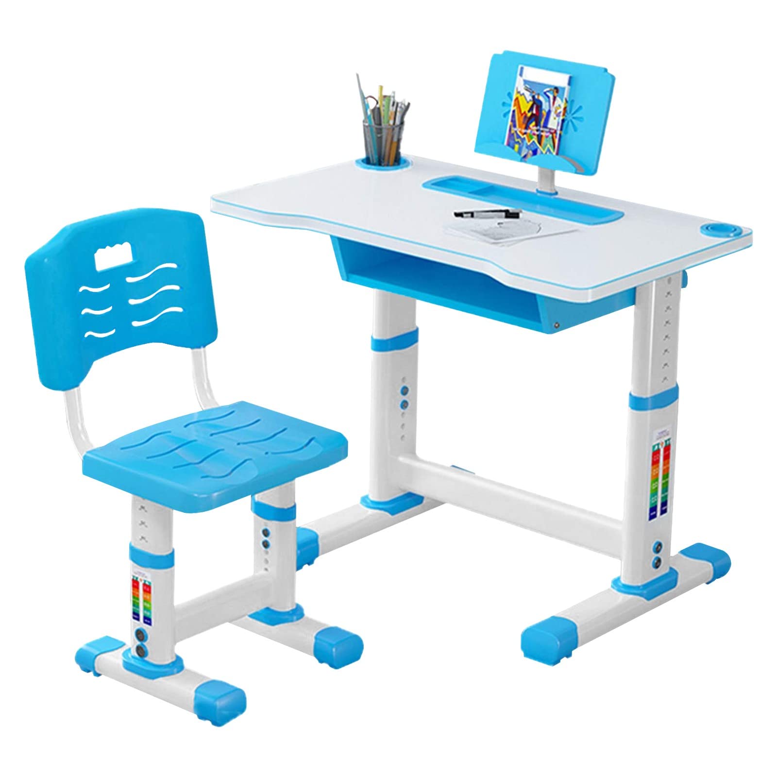 Height Adjustable Kids Desk and Chair Set with Bookstand & Fixed Drawer - Ergonomic Study Table for Home, Kindergarten & School - Perfect for Homework, Reading & Arts & Crafts