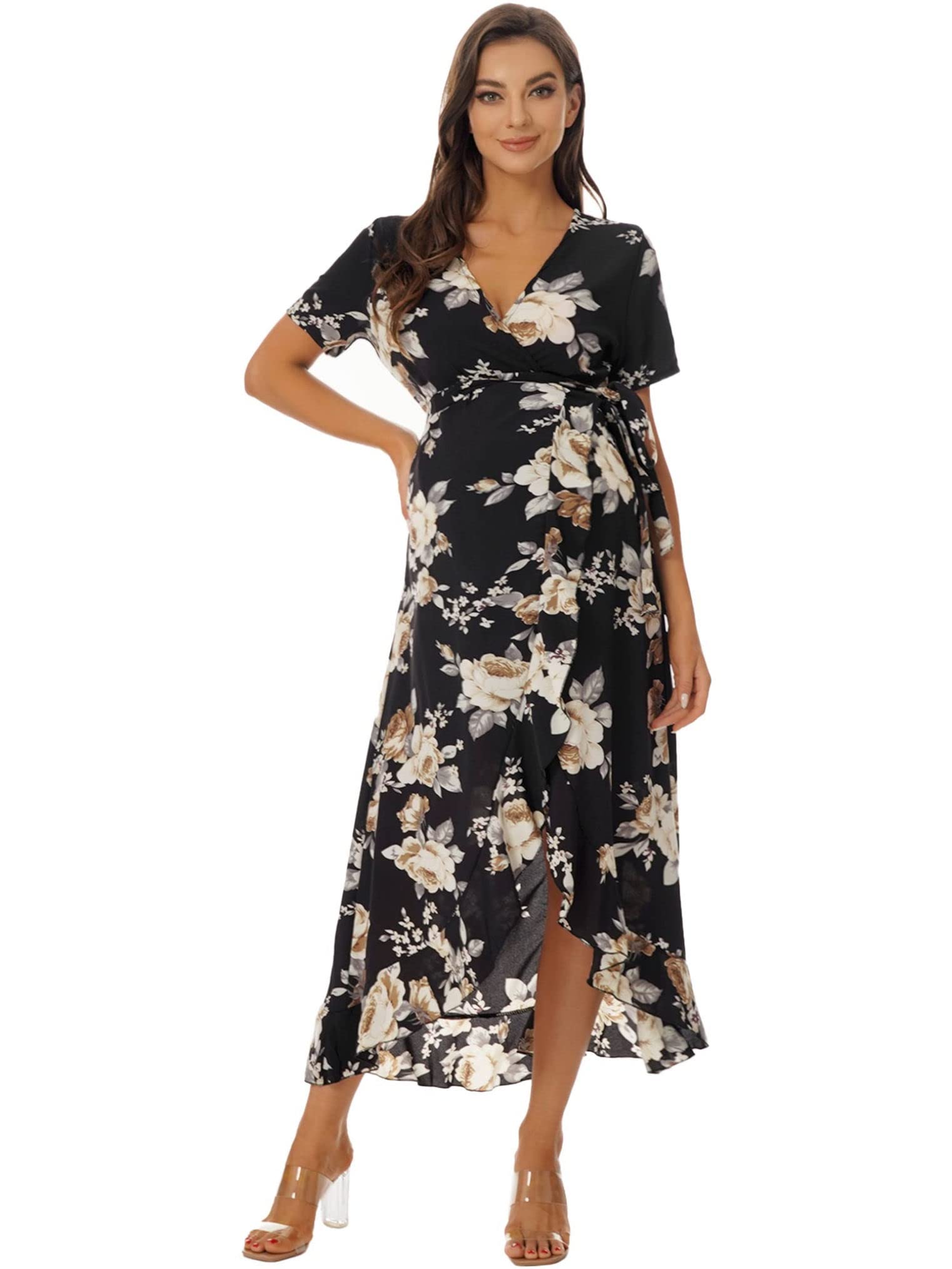 Freebily Women's Maternity Photography Dress - Bohemian Floral Wrap V-Neck Short Sleeve Dress with Belt for Pregnancy Photoshoot & Baby Shower