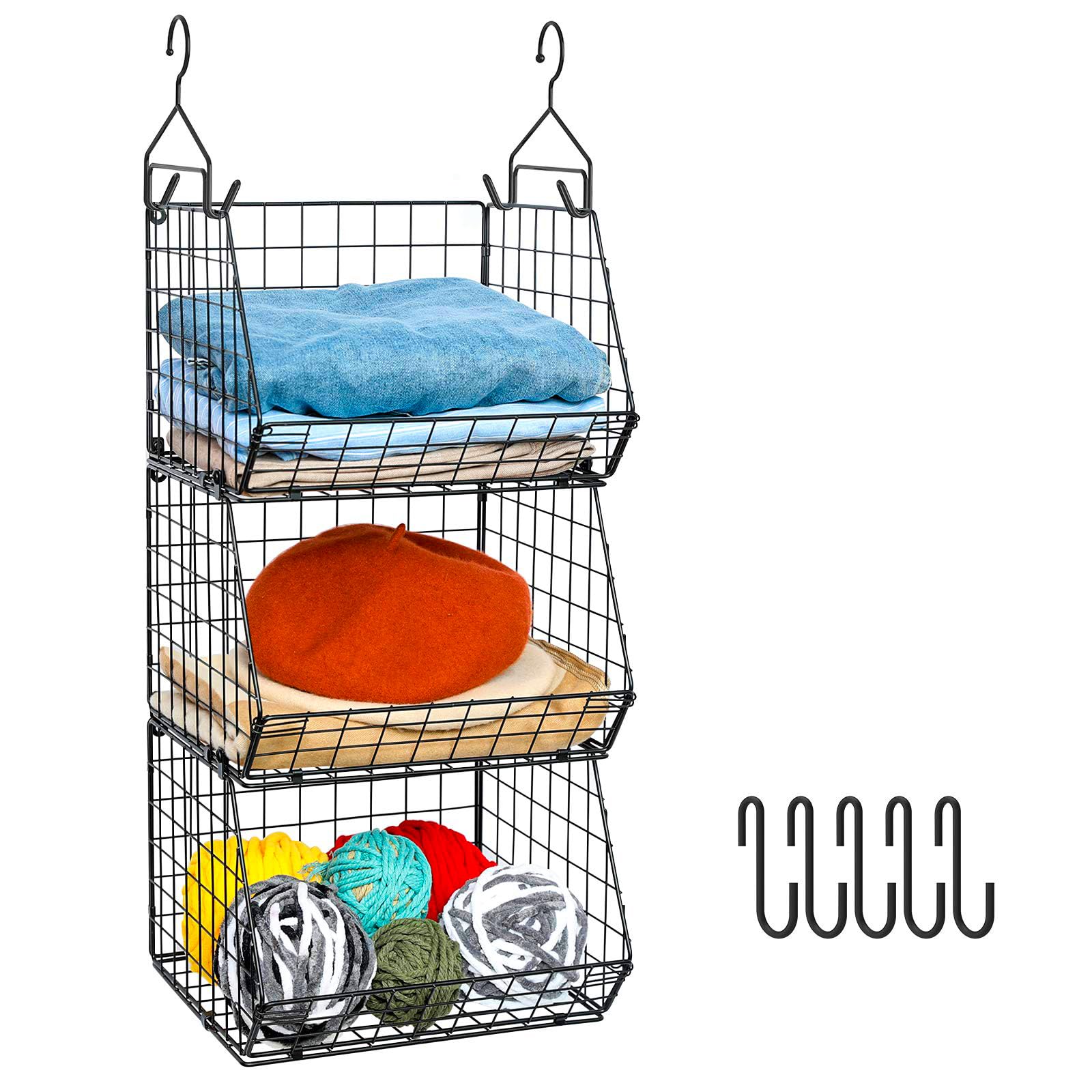 X-cosrack 3-Tier Foldable Closet Organizer with 5 S-Hooks - Space-Saving Wire Storage Baskets for Clothes, Shoes, Handbags & Accessories - Perfect for Bedroom, Closet & Dorm Organization (Patent Design)