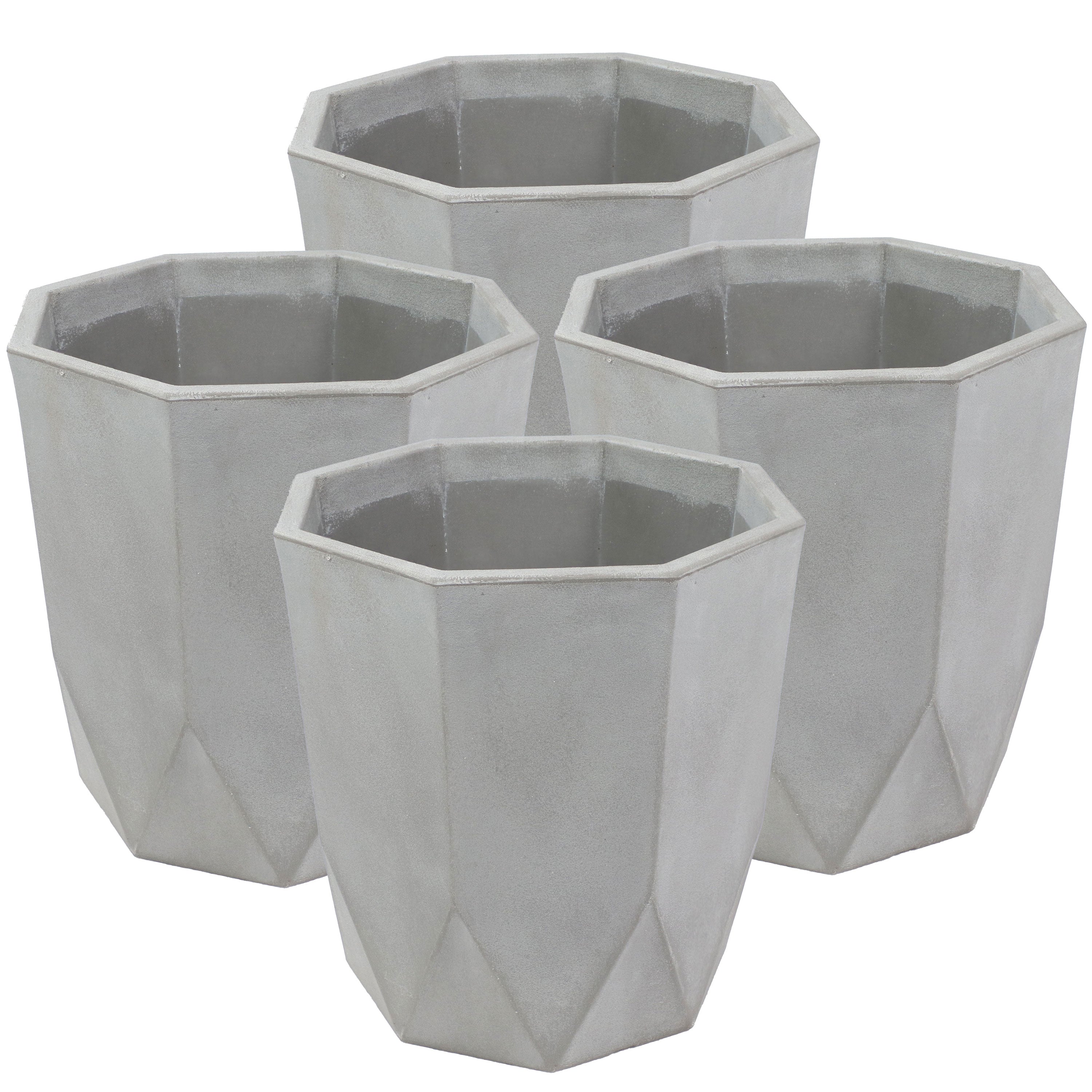 Modern Faceted Polyresin Planter - Light Gray Indoor/Outdoor Flower Pot - 14.75 Inch Decorative Garden Planter for Home, Patio, and Office Decor