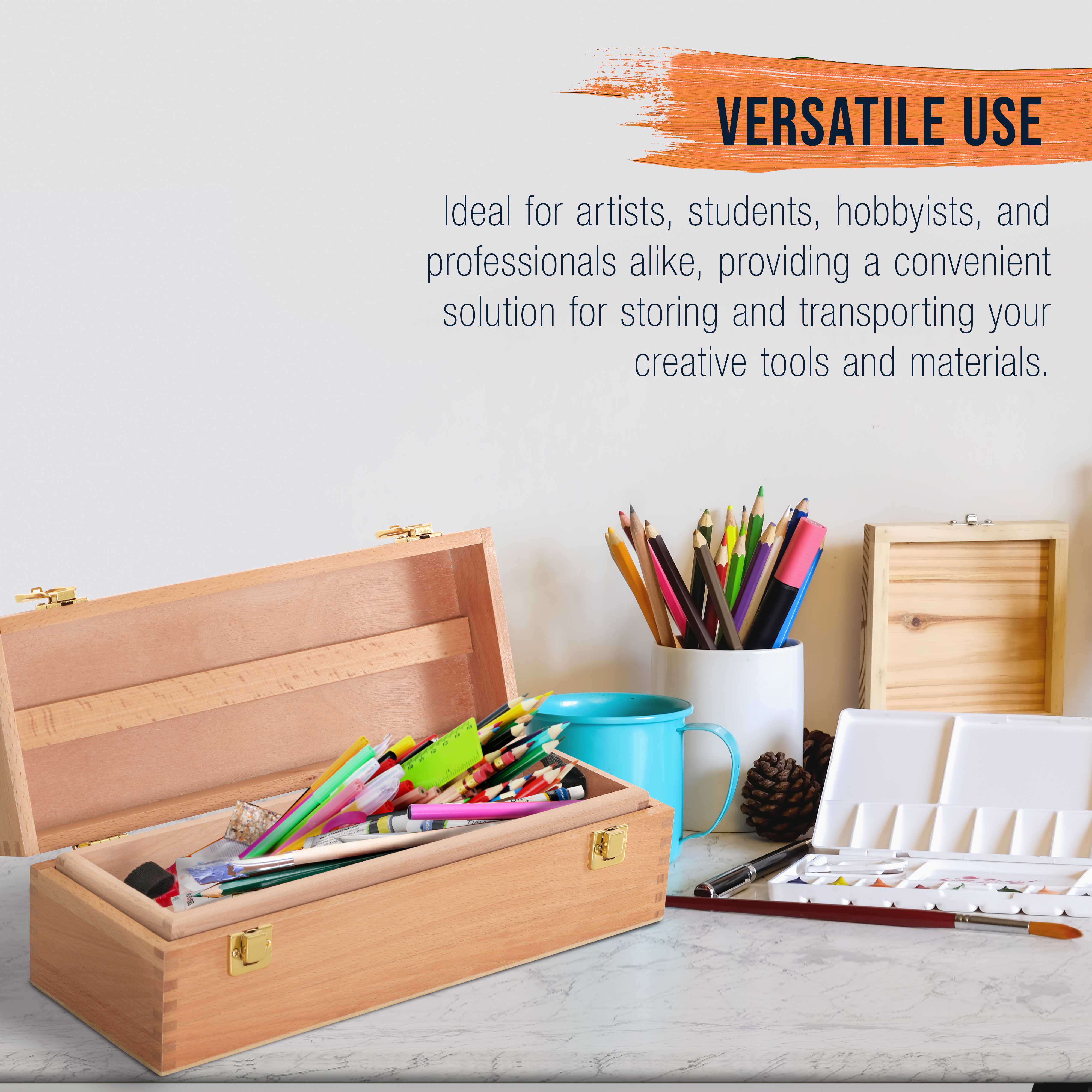 Multi-Function Unfinished Beechwood Artist Tool Storage Box with Removable Tray & Locking Clasps - Organize Paints, Pastels, Pencils & Art Supplies - Perfect for Artists, Students & DIY Crafters - Portable & Secure for Studio, Classroom & Travel Use
