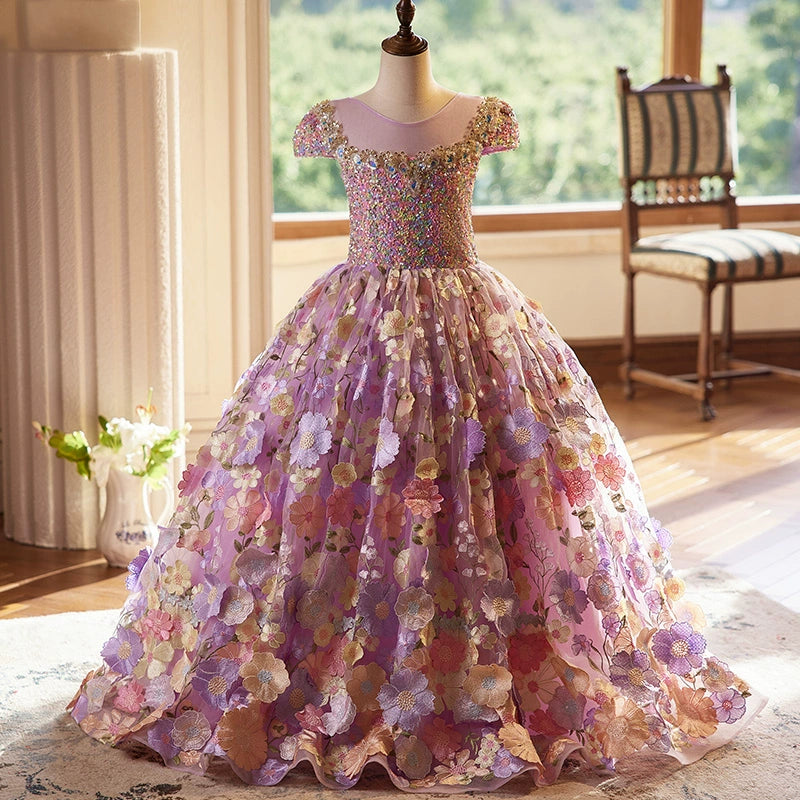 Elegant Purple Floral Sequin Princess Dress for Baby Girls - Toddler Formal Party Gown for Birthday, Pageant, Photo Shoot & Special Occasions