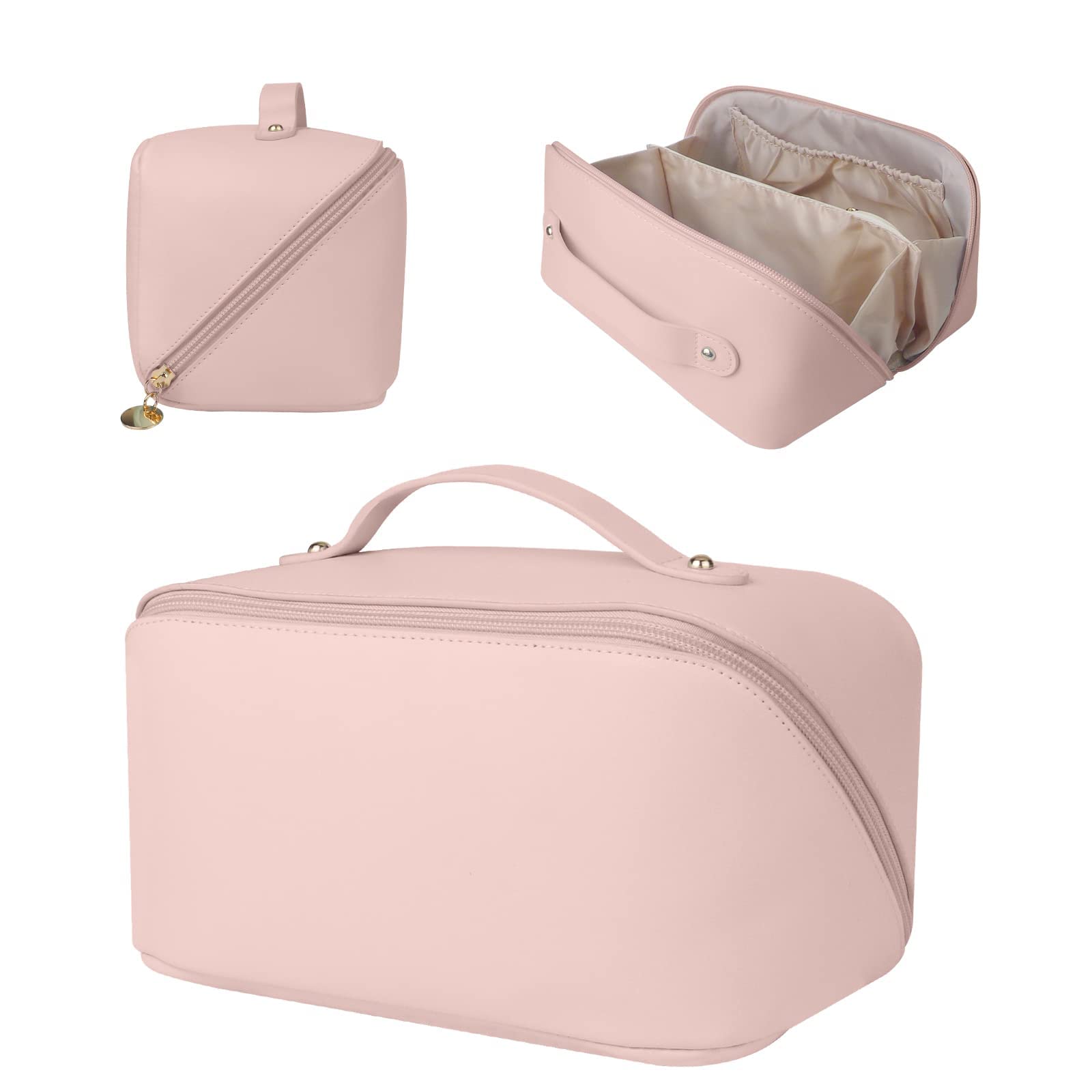 Large Capacity Waterproof Travel Makeup Bag for Women - Pink Cosmetic Organizer with Multiple Pockets for Toiletries, Perfect for Vacation, Gym, Business Trips & Airplane Carry-On