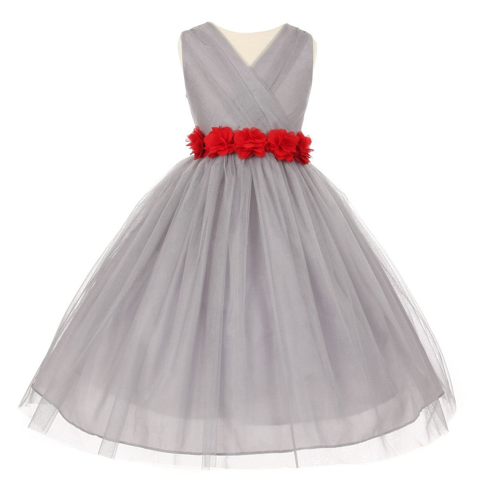 Elegant Silver Red Chiffon Flower Tulle Junior Bridesmaid Dress for Big Girls Size 8-14 | Perfect for Weddings, Proms, and Special Occasions