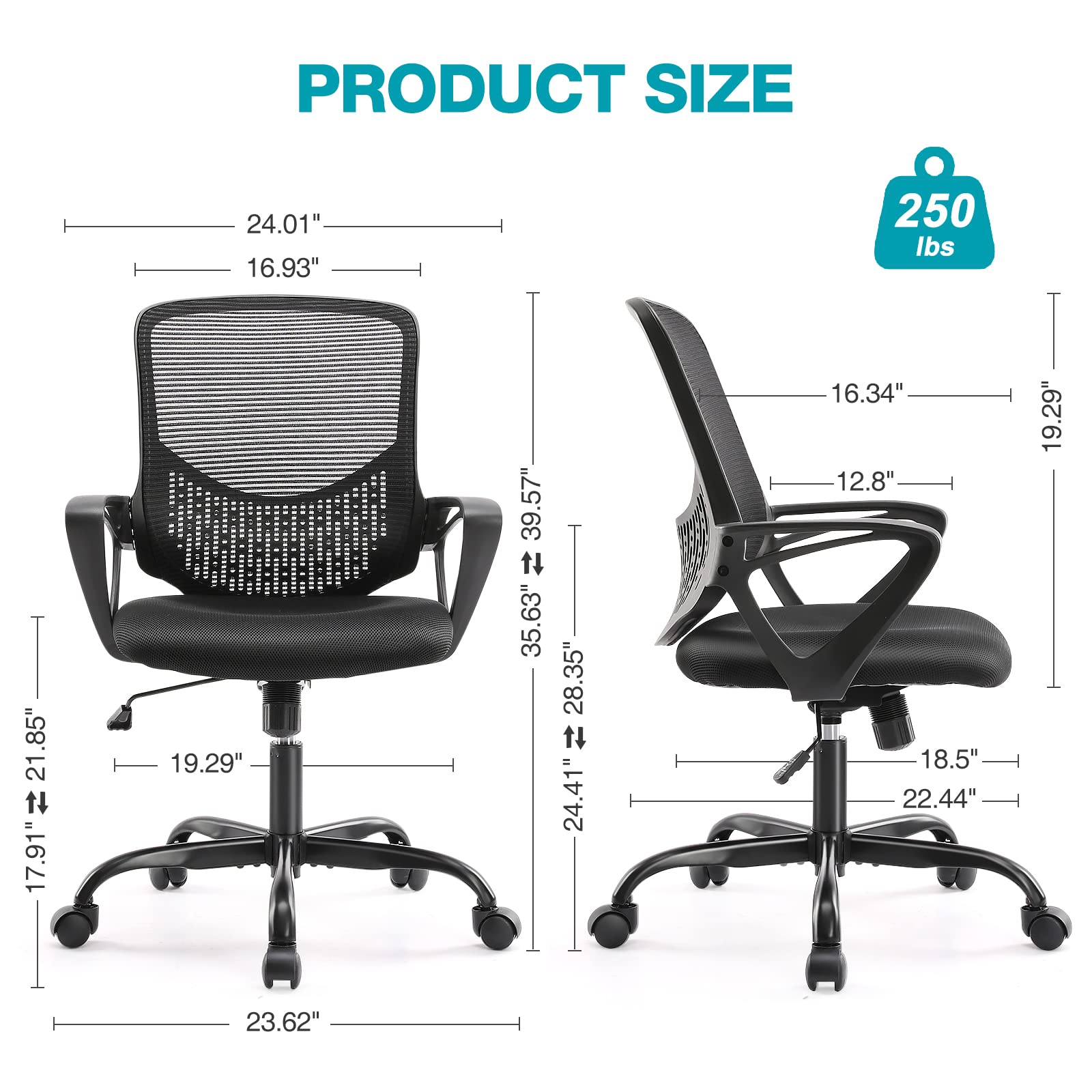 Ergonomic Office Chair with Wheels & Lumbar Support - Mid Back Mesh Computer Desk Chair with Fixed Armrests, Rolling Swivel Home Office Chair (Black) - Perfect for Long Work Hours, Gaming & Study Sessions