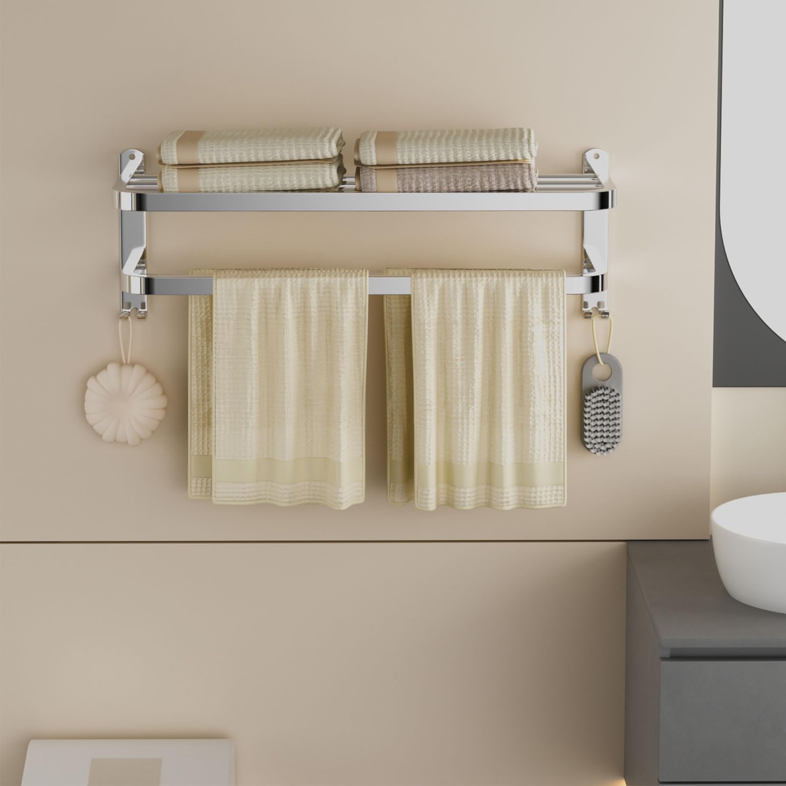 Stainless Steel Bathroom Towel Rack with Double Bars & Hooks - 23 Inch Wall Mounted Shelf for Towels & Bath Accessories - Perfect for Hotel, Spa & Home Bathroom Organization
