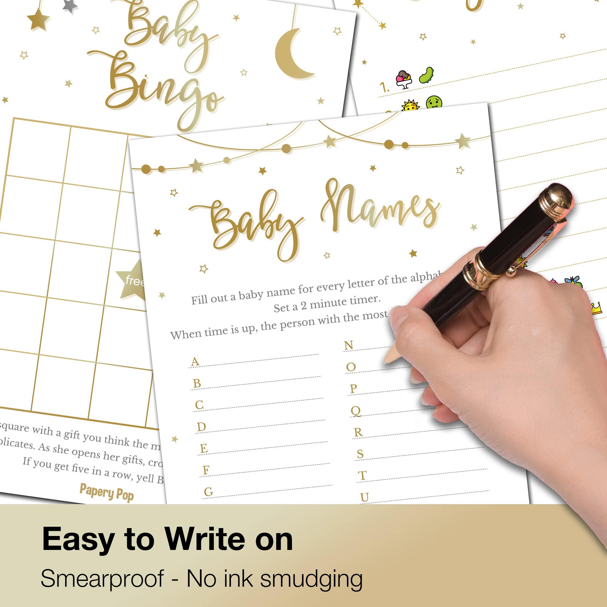 Baby Shower Games Set for Boys & Girls - 4 Fun Party Games for 30 Guests with Double-Sided Cards | Gender Neutral Gold Stars Theme | Perfect for Gender Reveal Parties & Coed Baby Showers