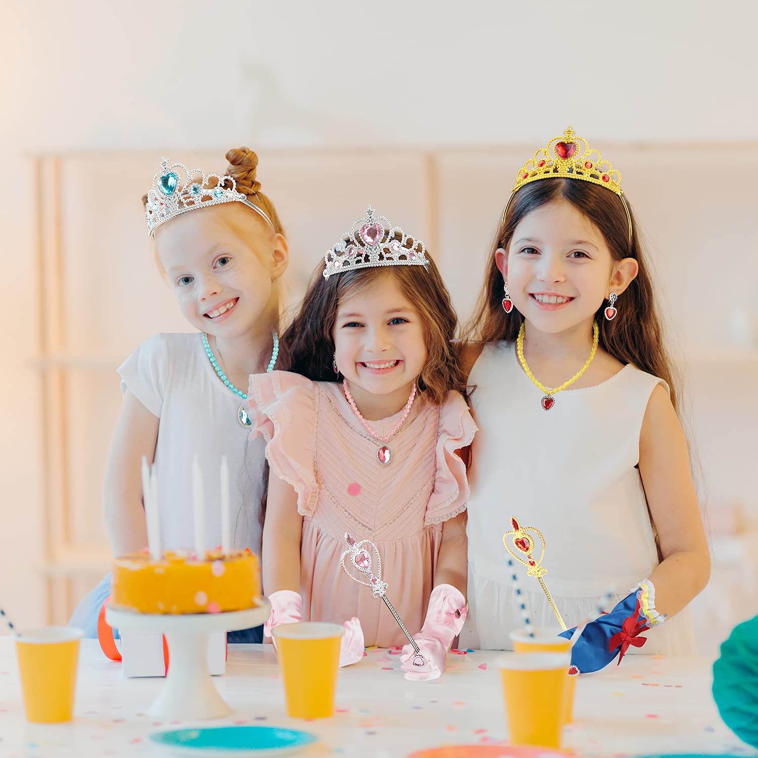 Royal Princess Dress Up Party Set - Gloves, Tiara, Magic Wand, Necklace, Earrings, Bracelet & Ring (9-Piece Pink Costume Accessories Kit) | Perfect for Birthday Parties, Halloween, Dress-Up Play & Themed Events