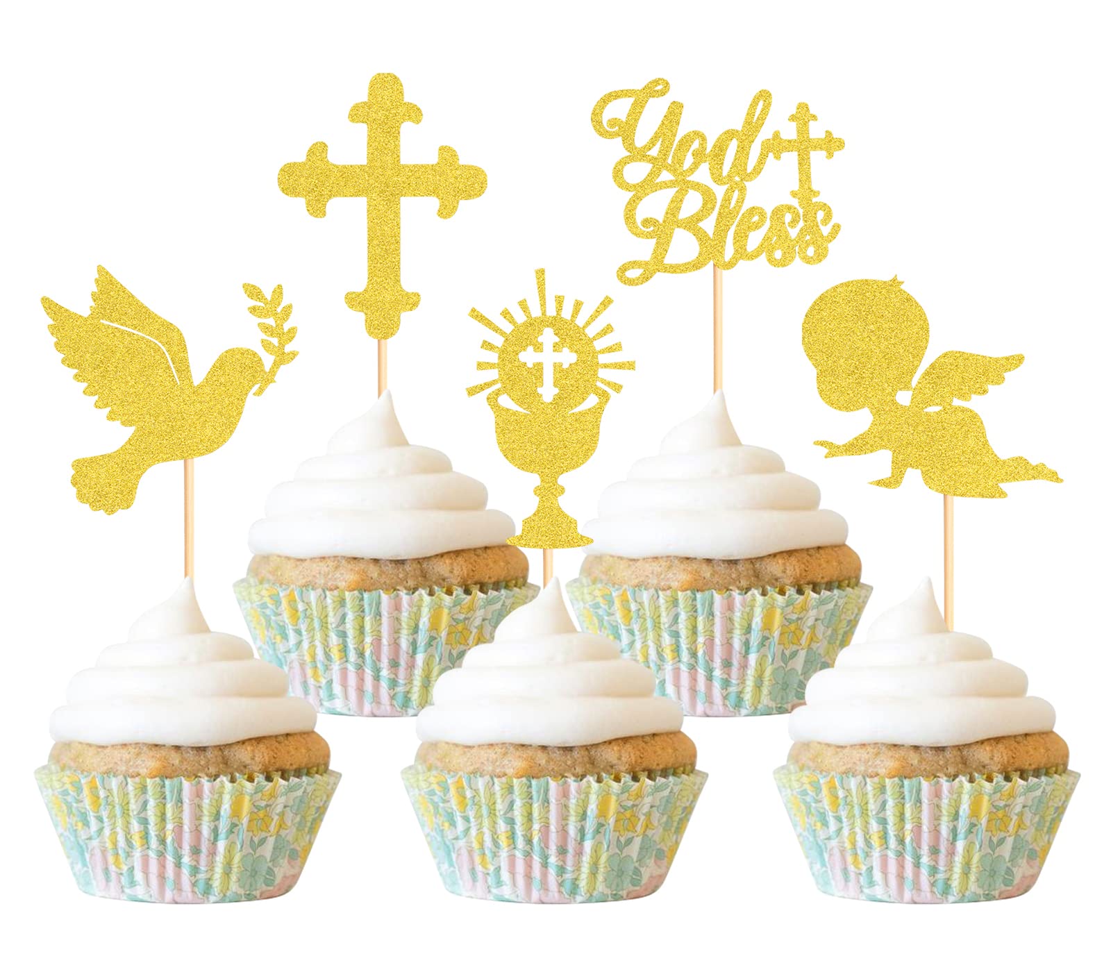 35 Pack Gold Cross Cupcake Toppers - God Bless Baptism & Baby Shower Party Decorations - Perfect for Christening, First Communion, Religious Celebrations & Christian Events