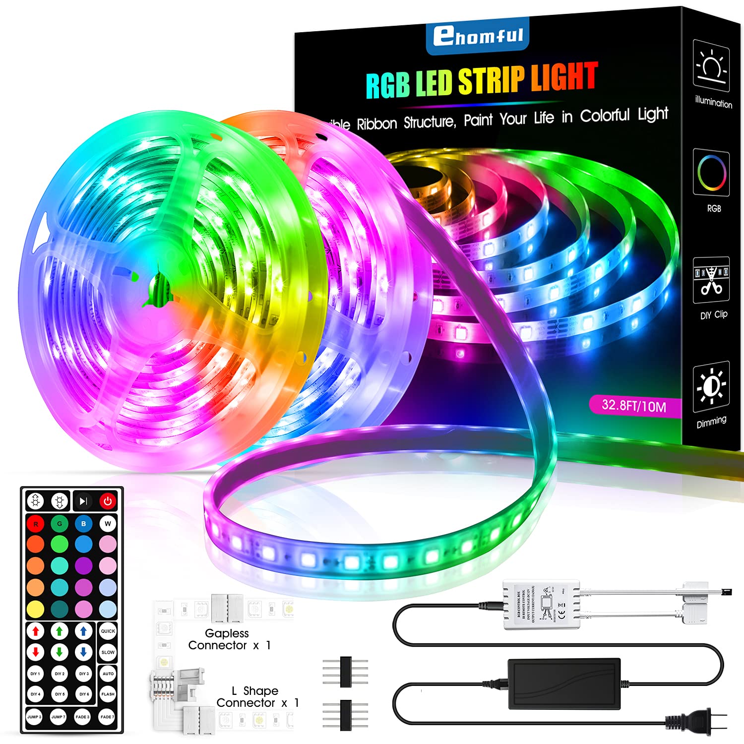 Ehomful 32.8ft LED Strip Lights - 5050 RGB Color Changing with 44-Key Remote Control, Flexible Bright Light Strips for Bedroom, Kitchen, Living Room, Gaming Setup, and Party Decorations