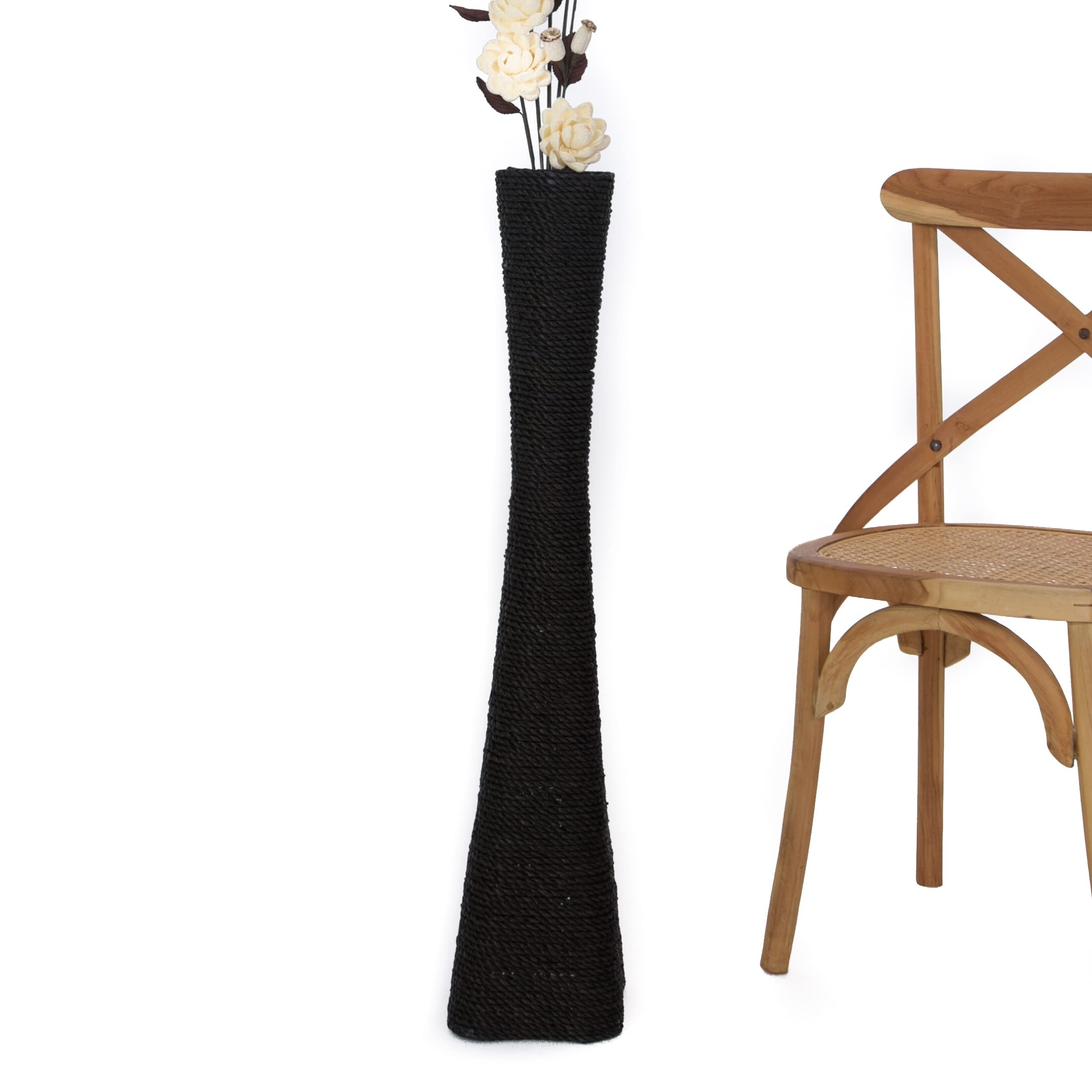 Leewadee 36-inch Large Black Floor Vase - Handmade Bamboo & Bast Flower Holder, Elegant Funnel Vessel for Decorative Branches - Perfect for Living Room Decor, Wedding Centerpieces & Boho Home Styling