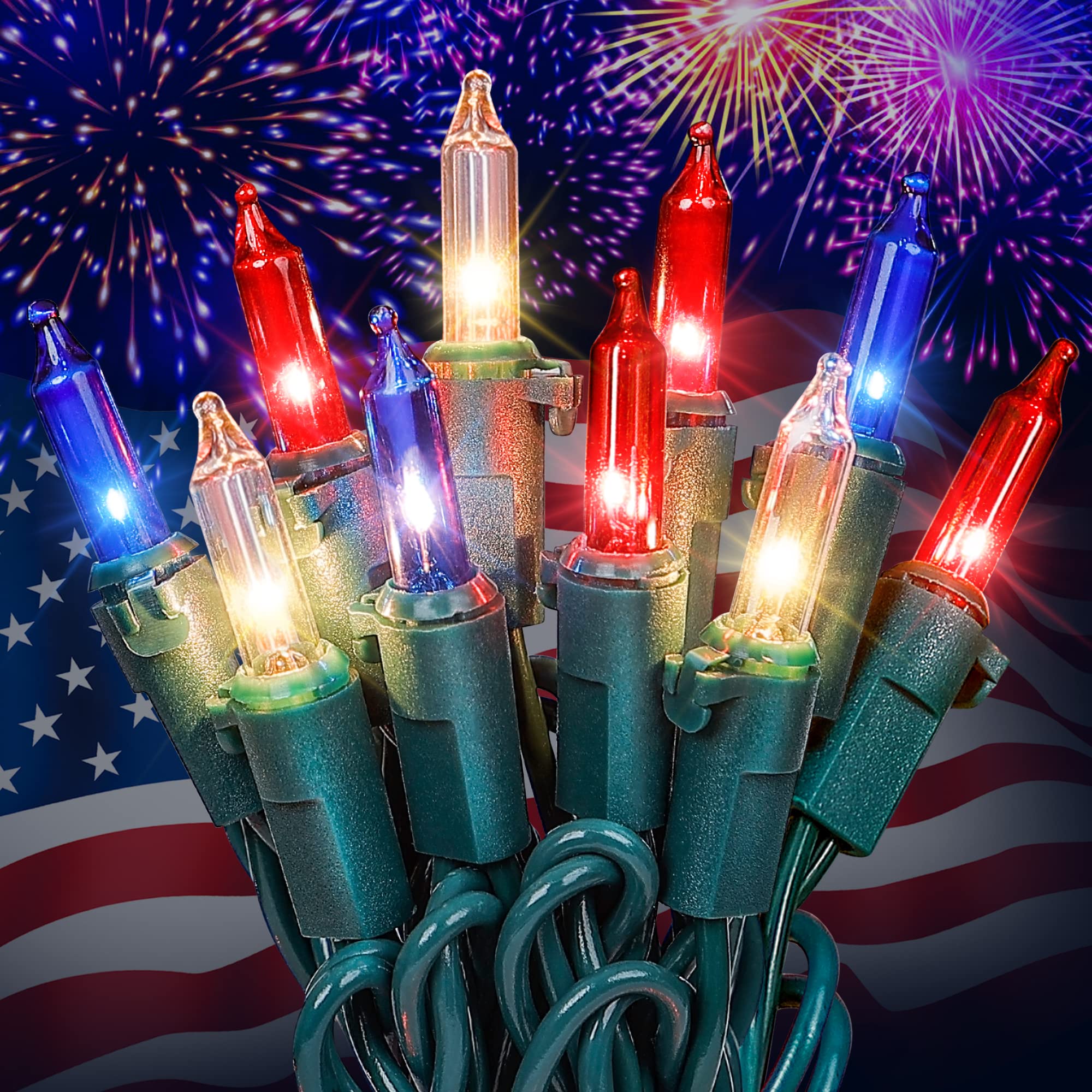 Hopolon 2-Pack 50-Count Red White and Blue Patriotic String Lights - 13FT Green Wire Incandescent Mini Lights for 4th of July, Independence Day, Christmas, Party & Outdoor Decor | Perfect for Patio, Garden, Backyard, and Holiday Celebrations