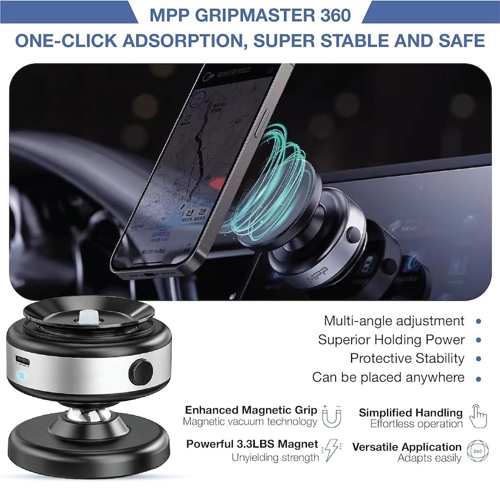 MPP Gripmaster Pro 360° Magnetic Phone Holder for Car Dashboard & Windshield (2024 New Model) - Universal Smartphone Mount with Strong Magnet for Safe Driving - Perfect for iPhone, Samsung & All Mobile Phones (Black) - Ideal for Road Trips, Commuting & GPS Navigation