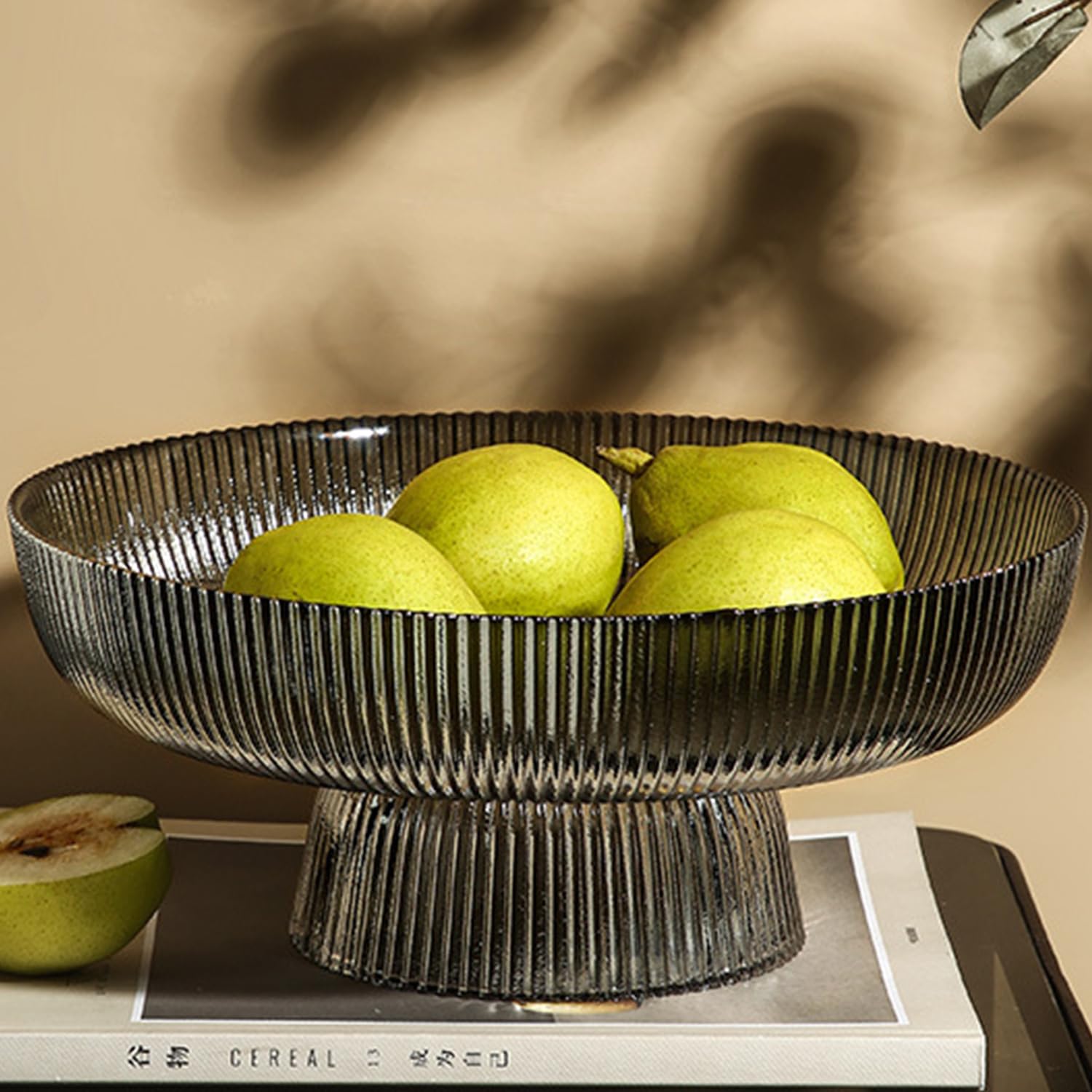 Premium Glass Fruit Bowl - Large Decorative Pedestal Bowl for Kitchen Counter & Table Décor | Elegant Light Gray Serving Bowl for Fruits, Snacks, and Centerpiece Displays