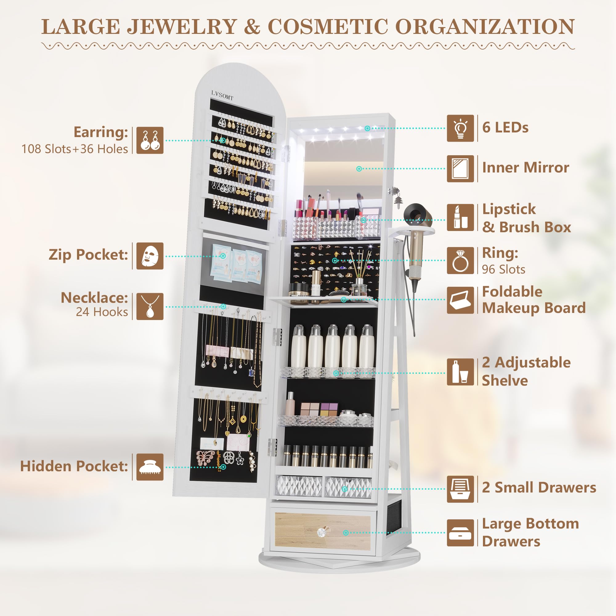 360° Swivel Arched Jewelry Mirror Cabinet with LED Lights - 64
