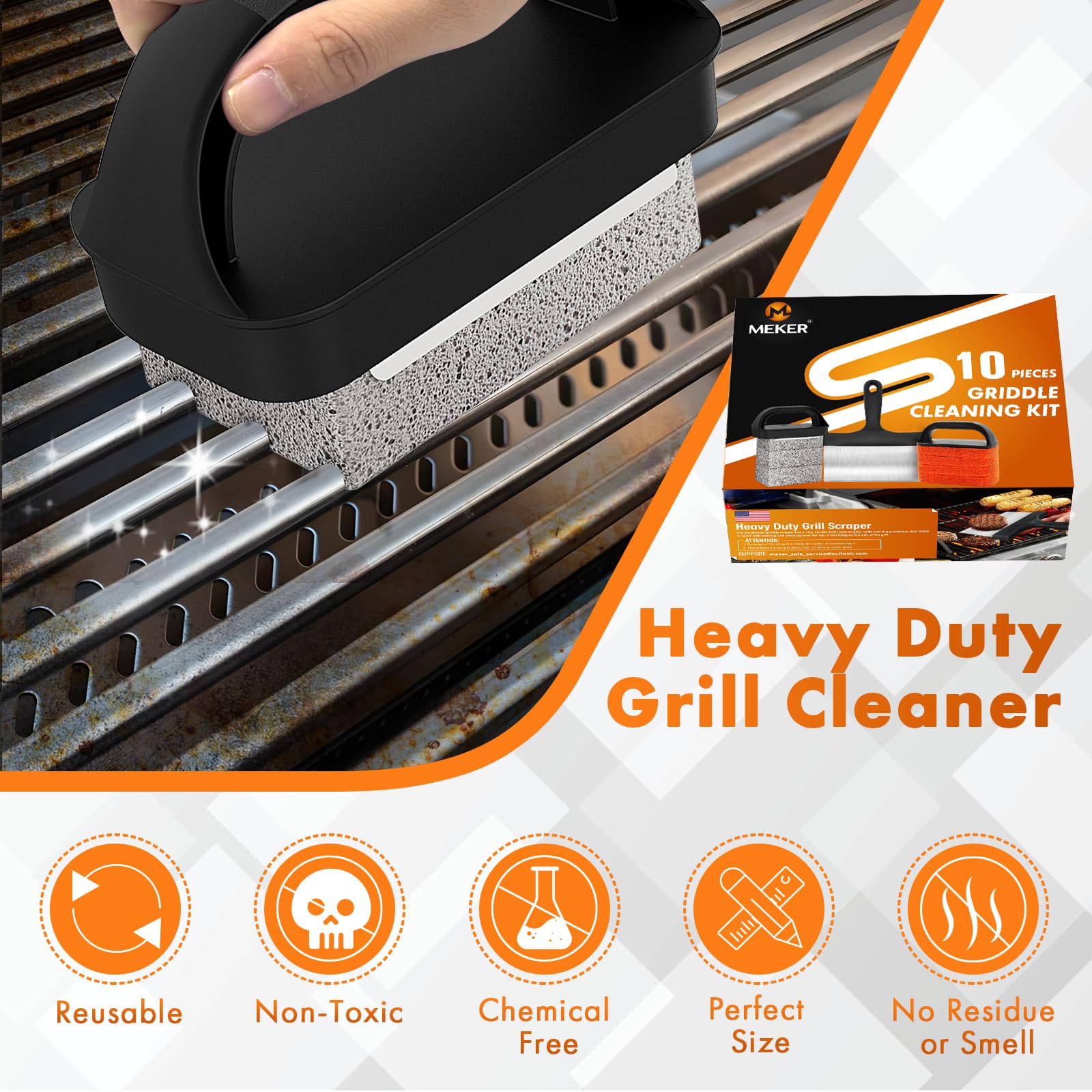 **MEKER Blackstone Griddle Cleaning Kit - 10-Piece Flat Top Grill Scraper Set with Grill Stone, Upgraded Scouring Pads & Handle Brush - Effortless Stain Removal for Outdoor Cooking & BBQ Maintenance**
