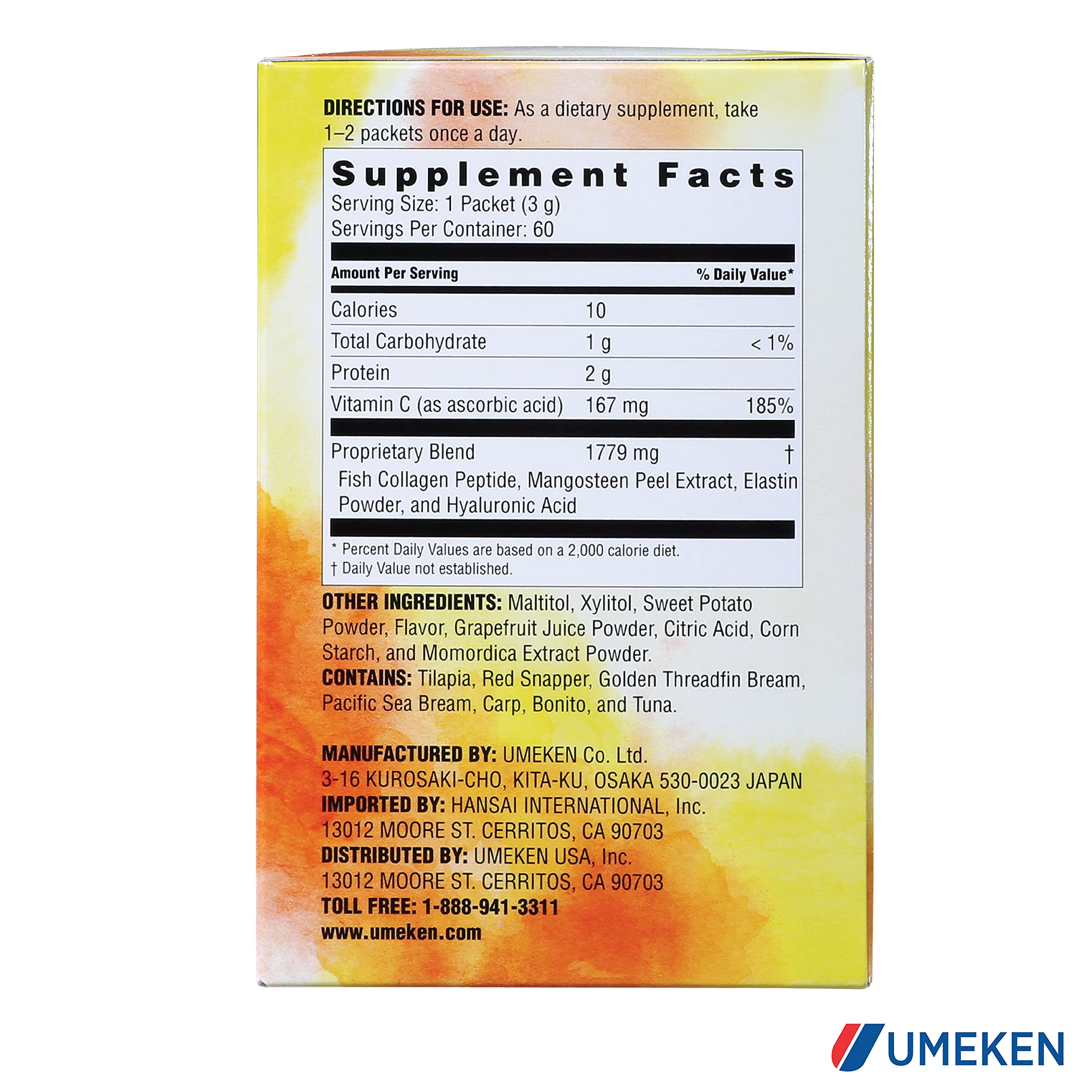 Umeken Elastin Beauty Powder Supplement with Collagen Peptides & Hyaluronic Acid - Vitamin C & Mangosteen Fruit for Women's Health - 60 Packets (1 Month Supply) - Skin Hydration & Anti-Aging Support for Daily Beauty Routine