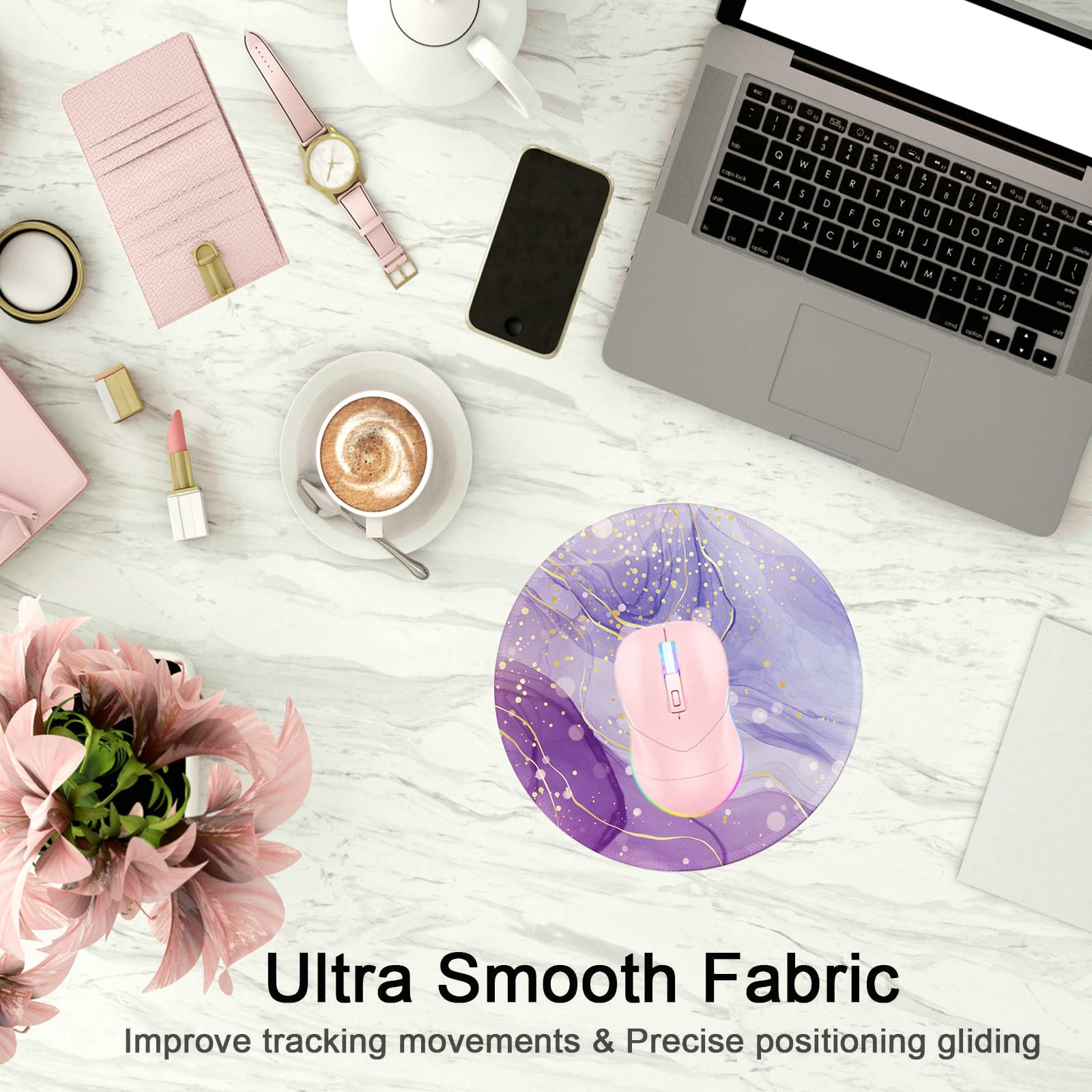 Premium Round Gaming Mouse Pad - Non-Slip Rubber Base with Stitched Edge (7.9x7.9 Inch) for PC, Laptop & Office - Marble Violet Golden Design - Perfect for Work, Gaming & Home Office Use