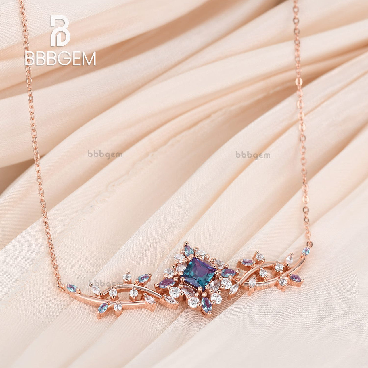 Exquisite Synthetic Alexandrite & Moissanite Princess Cluster Necklace | Elegant Women's Jewelry for Parties, Weddings & Special Occasions | Perfect Gift for Anniversary, Birthday & Evening Events