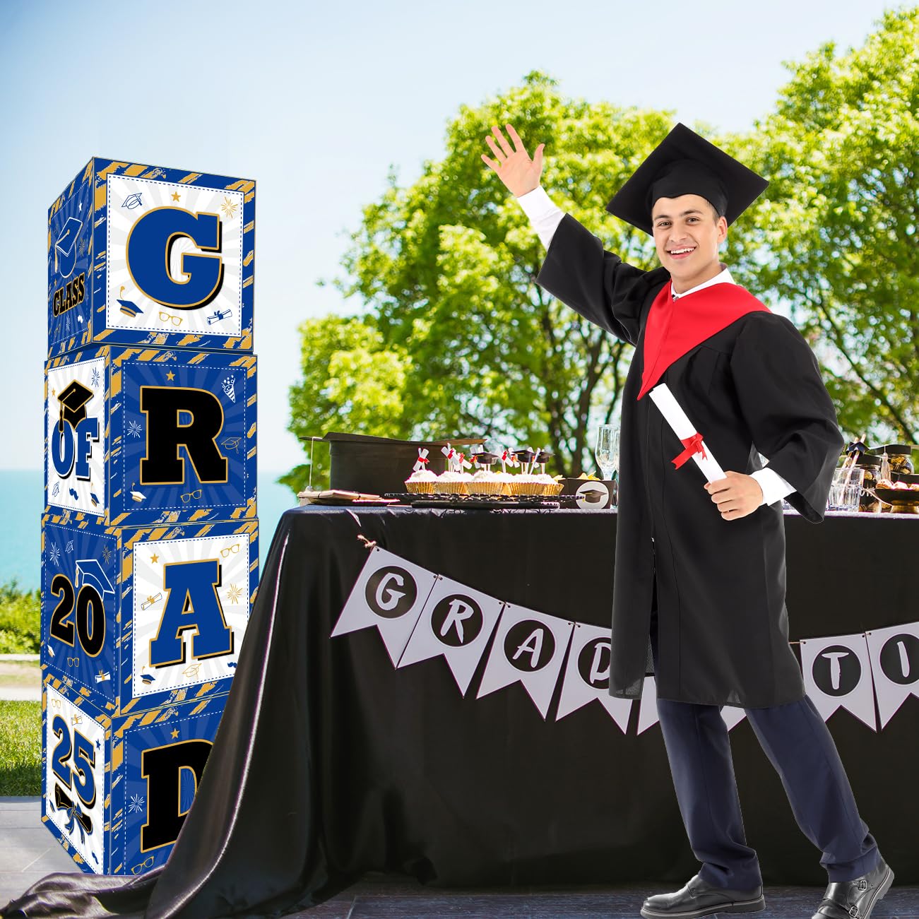 Class of 2025 Graduation Decorations - Blue & Gold Balloon Gift Box Set with GRAD Letters | High School & College Graduation Party Supplies | Perfect for Graduation Announcements, Open House Decor & Photo Backdrops