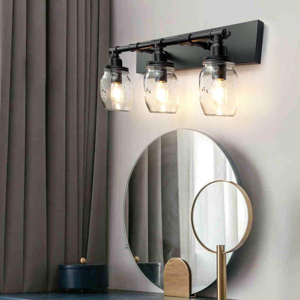 Industrial Mason Jar Vanity Light Fixtures - Black Finish Wall Sconce with 3 Lights for Bathroom, Bedroom, or Farmhouse Decor | Rustic Home Lighting Solution
