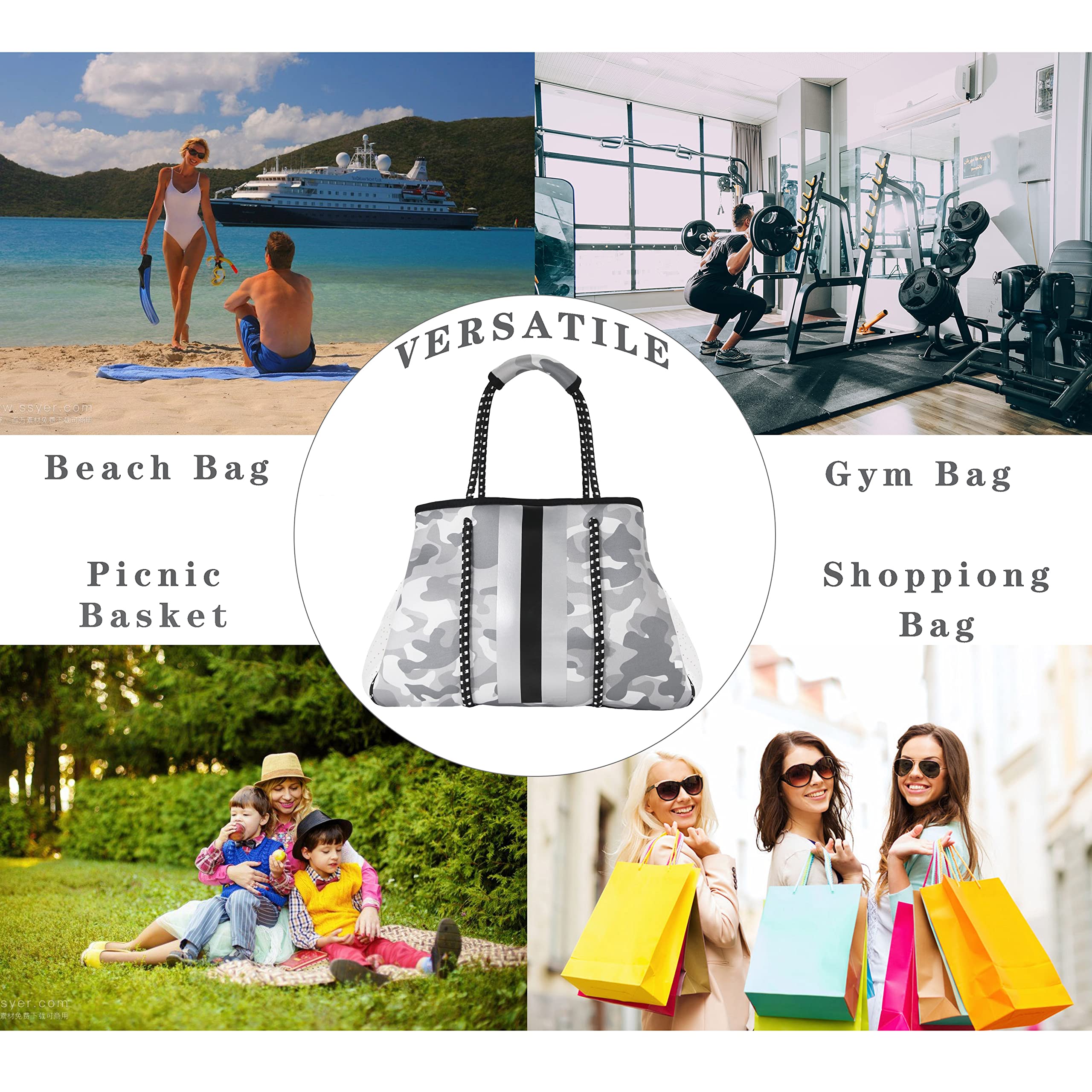 Waterproof Neoprene Tote Bag for Women & Men - Lightweight Beach Bag, Travel Shoulder Bag, Pool Bag - Perfect for Summer Outings, Swimming, Gym & Shopping