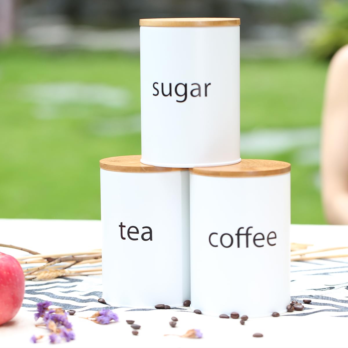 SOTECH 3-Piece White Metal Canister Set with Bamboo Lids - Airtight Sugar Coffee Tea Storage Jars for Kitchen Countertop - Farmhouse Country Kitchen Decor - Perfect for Pantry Organization & Coffee Bar Display