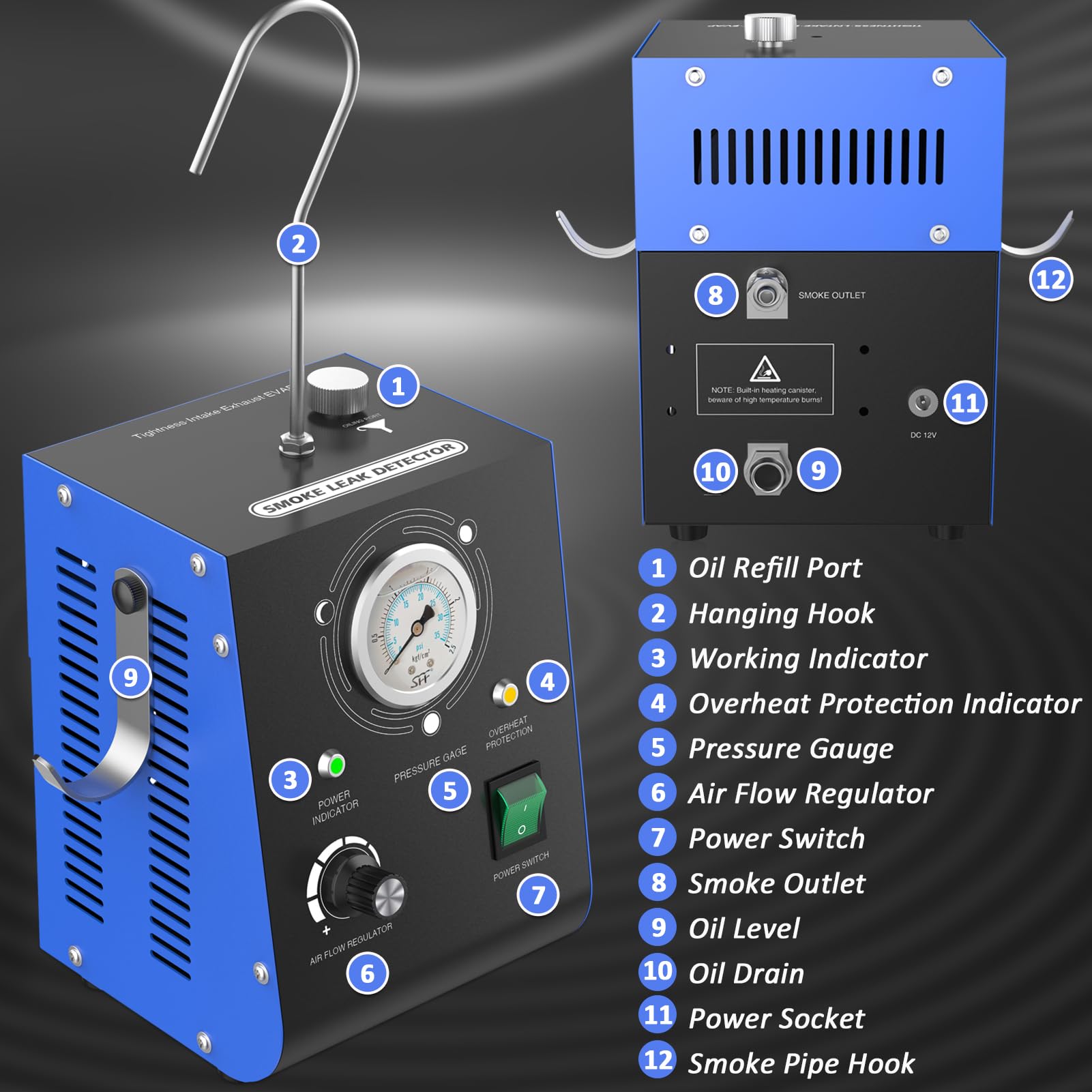 Automotive Smoke Machine Leak Detector with Built-in Air Pump | EVAP Smoke Tester with Adjustable Pressure Gauge | 12V DC Vehicle Pipe System Diagnostic Tool | Perfect for Detecting Vacuum Leaks in Cars, Trucks & SUVs