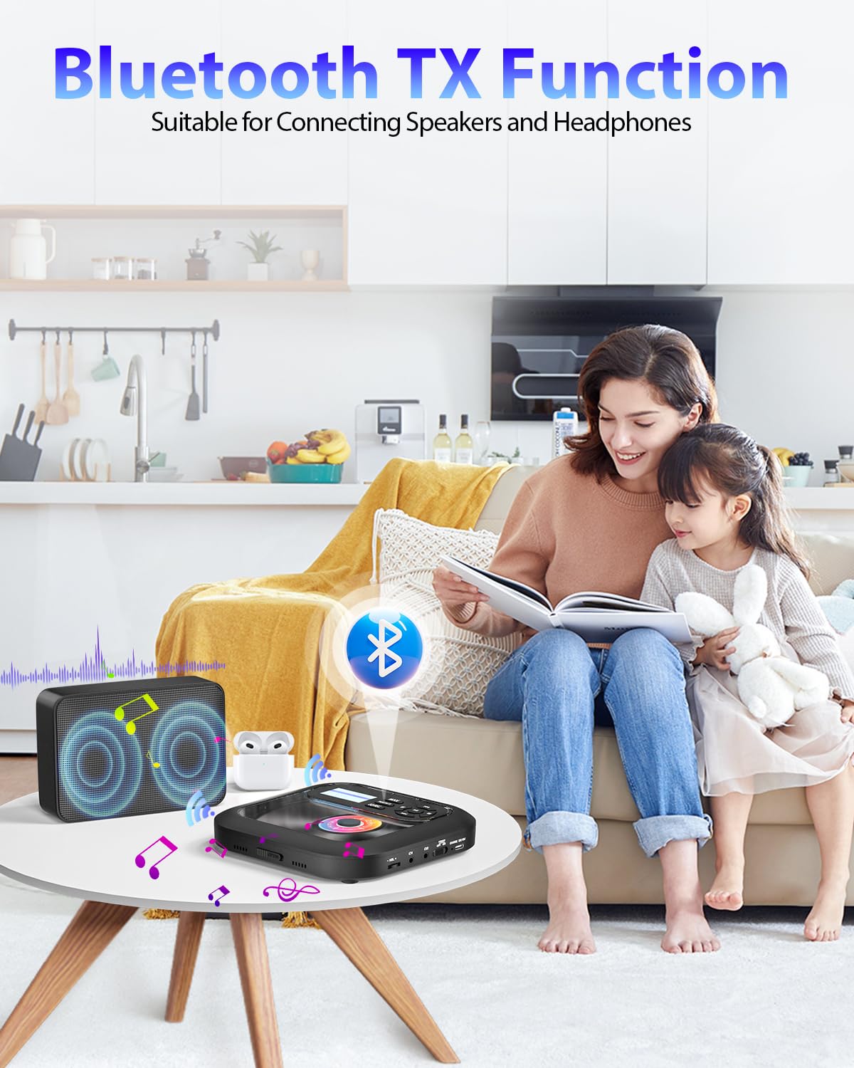 Portable Bluetooth CD Player with Built-in Speakers, Rechargeable Battery, FM Radio & AUX Input - Supports Headphones for Home, Car and Travel Use