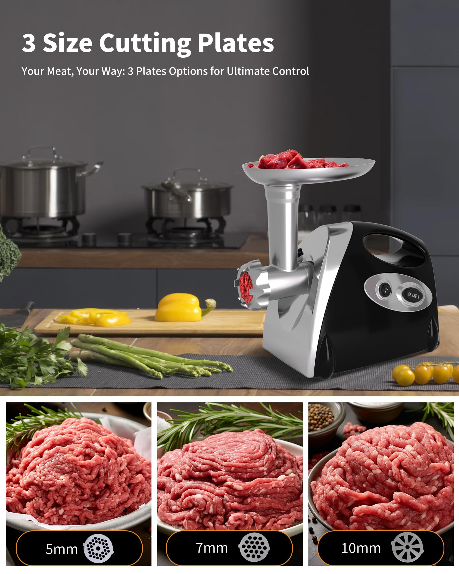 Electric Meat Grinder with Handle - Heavy Duty Stainless Steel Sausage Stuffer & Mincer with 3 Grinding Plates, Kubbe Kit & Sausage Maker - Perfect for Home Kitchen, Butcher Shops & BBQ Parties