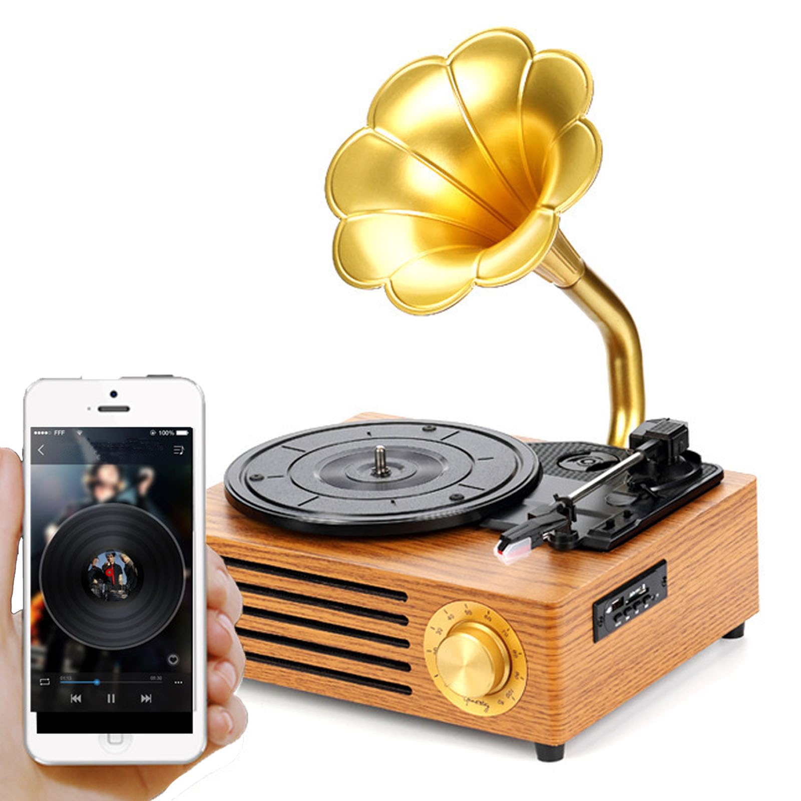 Vintage Bluetooth Gramophone with Wireless Connectivity - Horn Shaped Vinyl Record Player with Built-in Stereo Speakers, SD Card Slot, 3-Speed (33/45/78 RPM) - Perfect for Home Decor, Vintage Music Lovers, Hotels, Bars, Yoga Studios & Retro-Themed Events