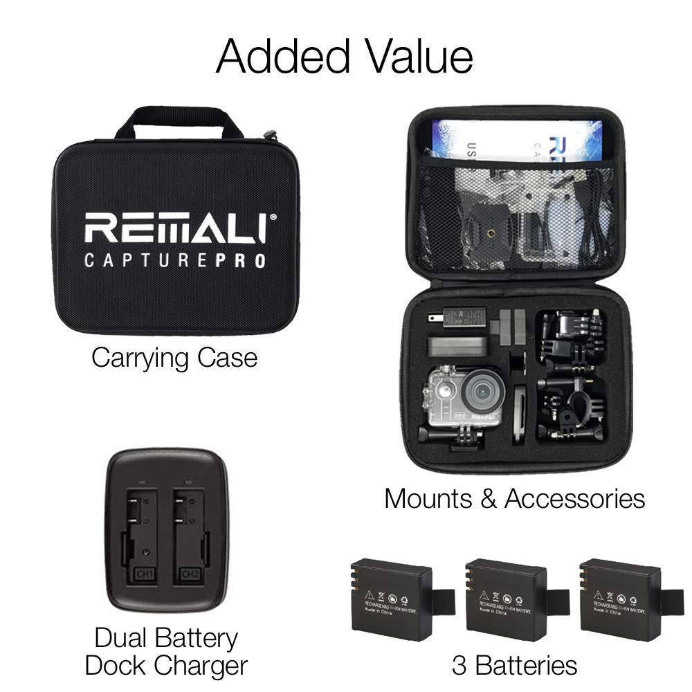 REMALI CapturePro 4K/60fps 20MP Waterproof Sports Action Camera Kit - WiFi, 2