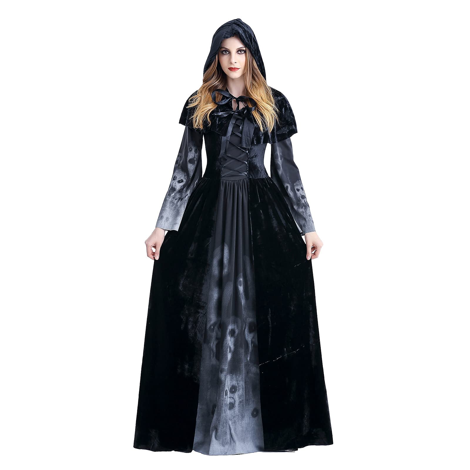 French Gothic Witch Dresses for Women - Halloween Cosplay Long Sleeve Printed Maxi Dress | Summer Party, Witch Costume, LARP, Renaissance Fair Outfit