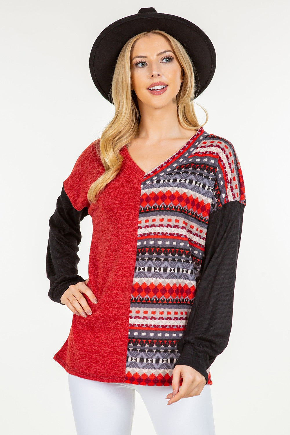 Celeste Women's Full Size Contrast Geometric V-Neck Long Sleeve Blouse - Elegant Office Wear & Casual Outfit for Work & Social Events