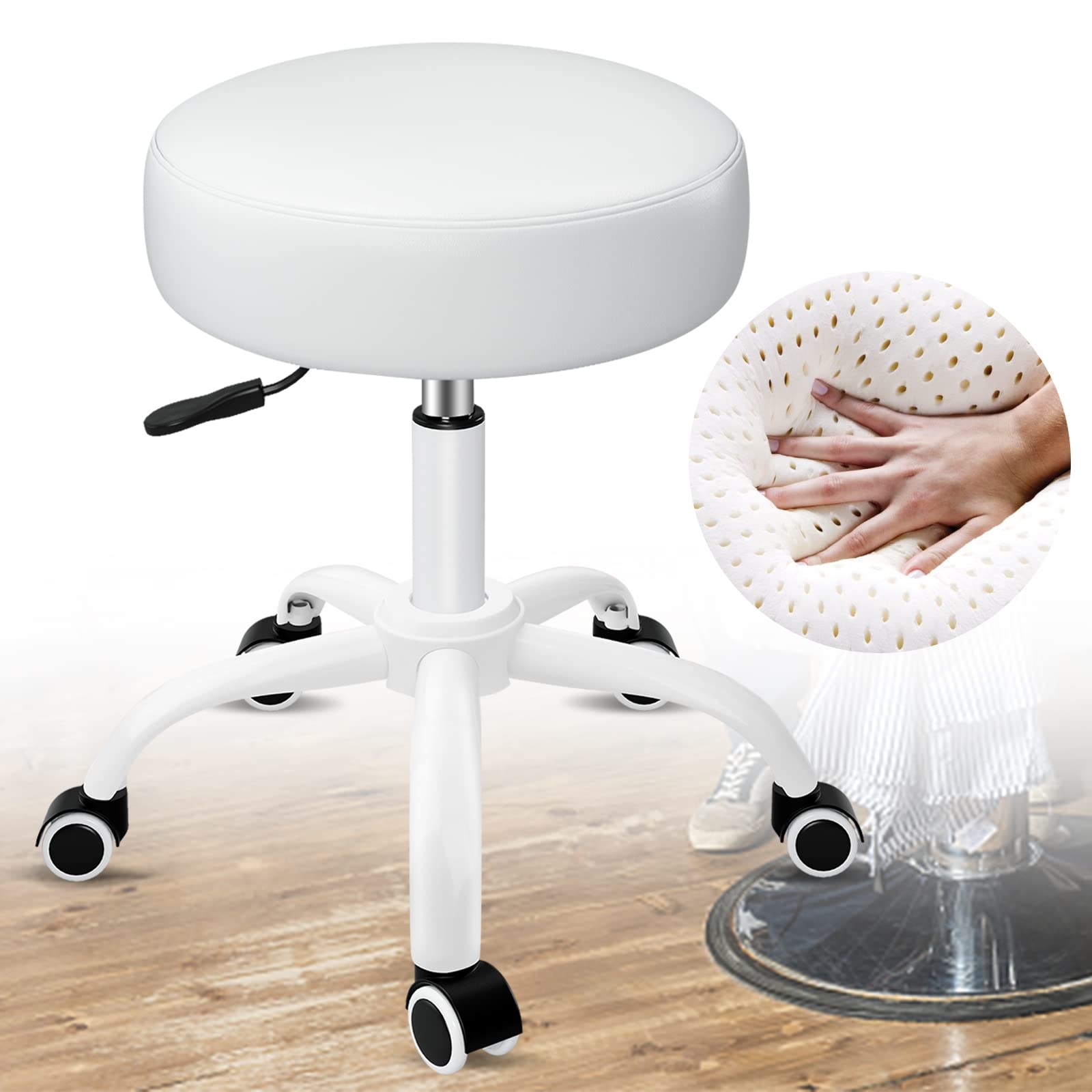 SALONFACTORY Heavy Duty Rolling Stool with Wheels - Adjustable 360° Swivel Lash Chair for Tattoo, Massage, Nail Salon & Spa - Leather Upholstery with Thick Seat Padding - Perfect for Beauty Professionals & Drafting Work