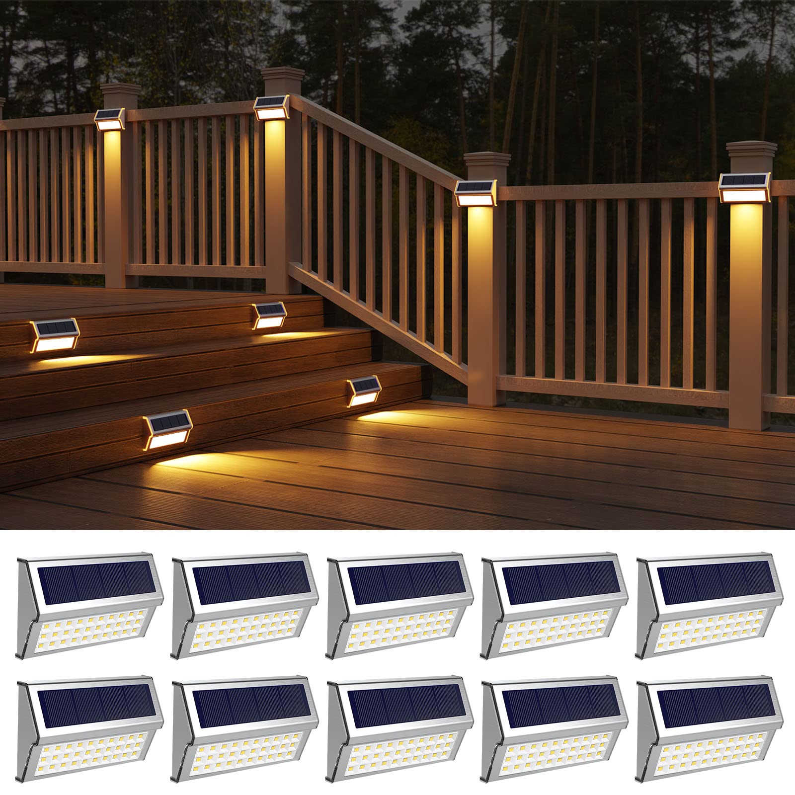 ROSHWEY 10 Pack Solar Deck Lights Outdoor, 30LED Waterproof Stainless Steel Fence Lights for Backyard, Patio, Garden, Stair, Pathway and Walkway Lighting