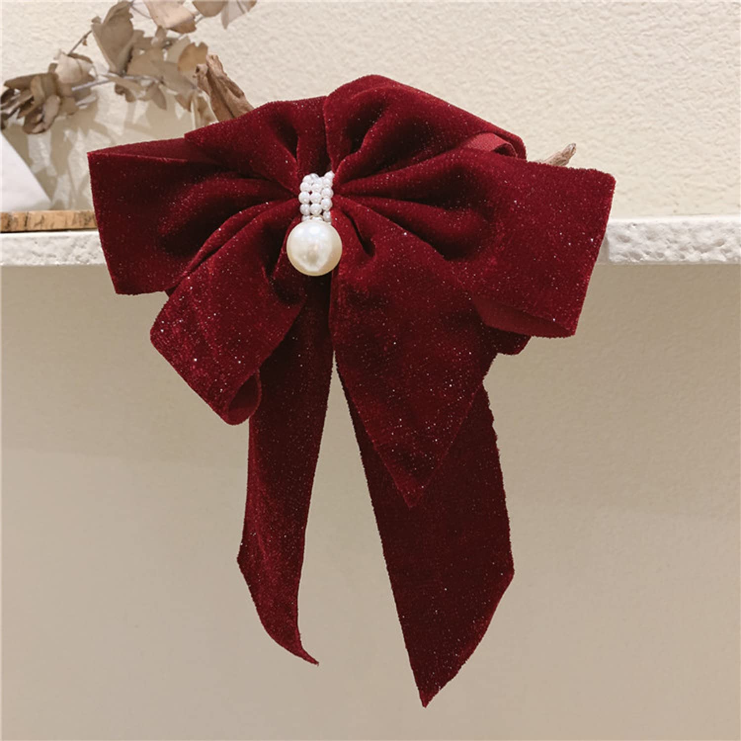 Elegant Big Bow Hair Clips with Pearl Accents - Large Soft Hair Barrettes for Women & Girls (Red) - Perfect for Weddings, Parties & Everyday Hair Accessories