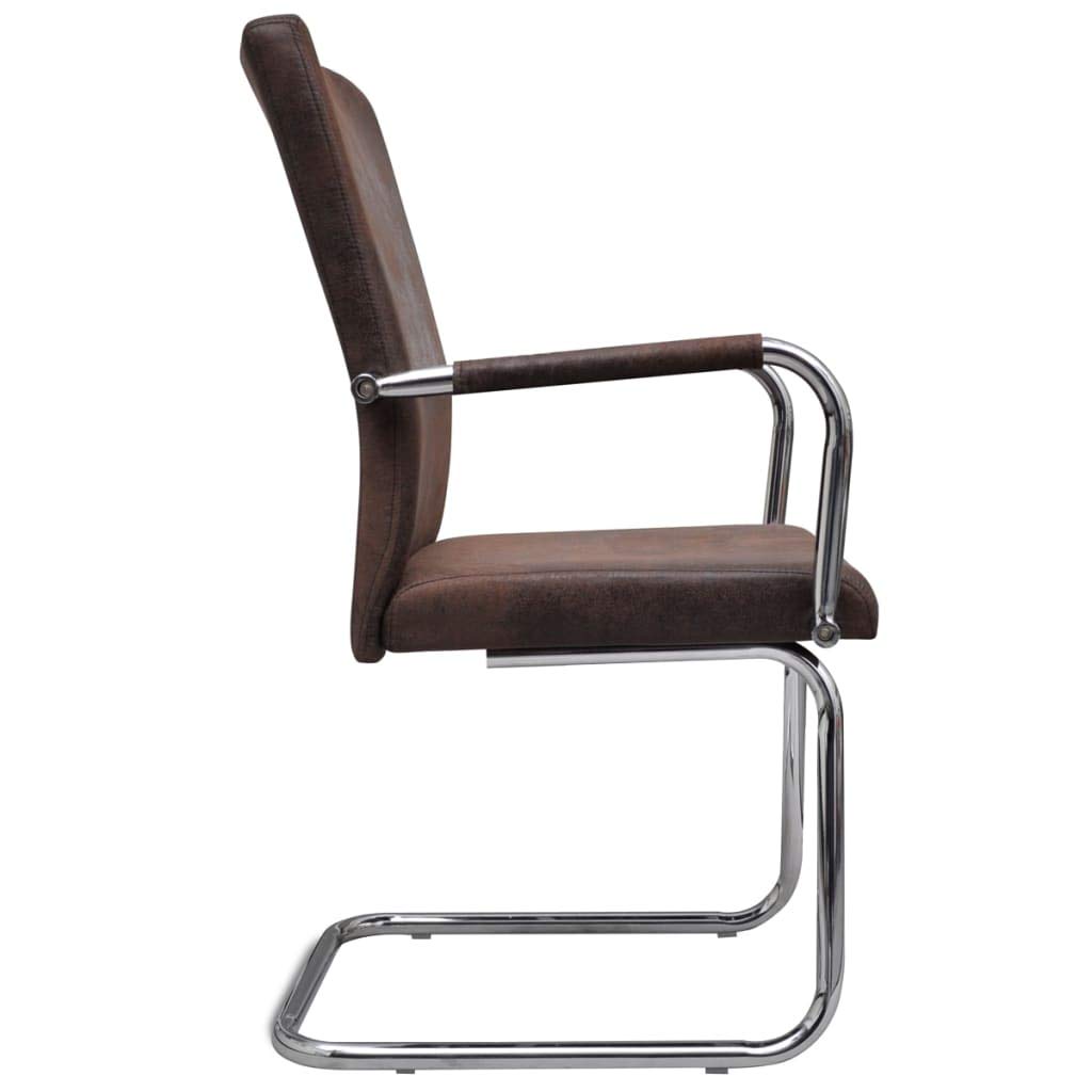 2 Pack Cantilever Dining Chairs with Armrests - Brown Faux Suede Leather Upholstered Modern Kitchen, Bedroom & Restaurant Seating - Perfect for Small Spaces, Breakfast Nooks & Contemporary Dining Areas
