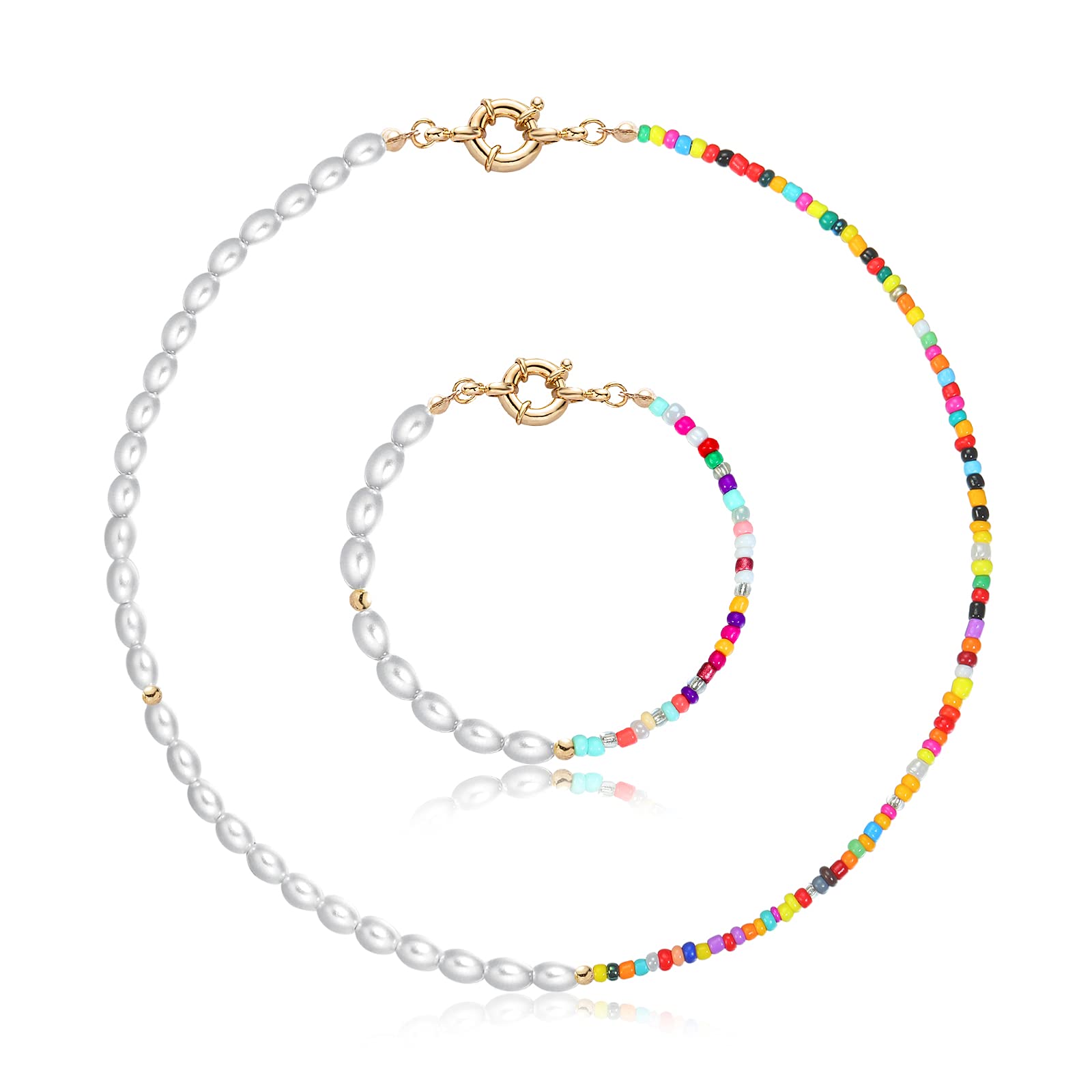 Handmade Pearl Beaded Necklace & Bracelet Set for Women & Teen Girls - Smiley Face Beads Jewelry for Parties, Weddings & Everyday Wear