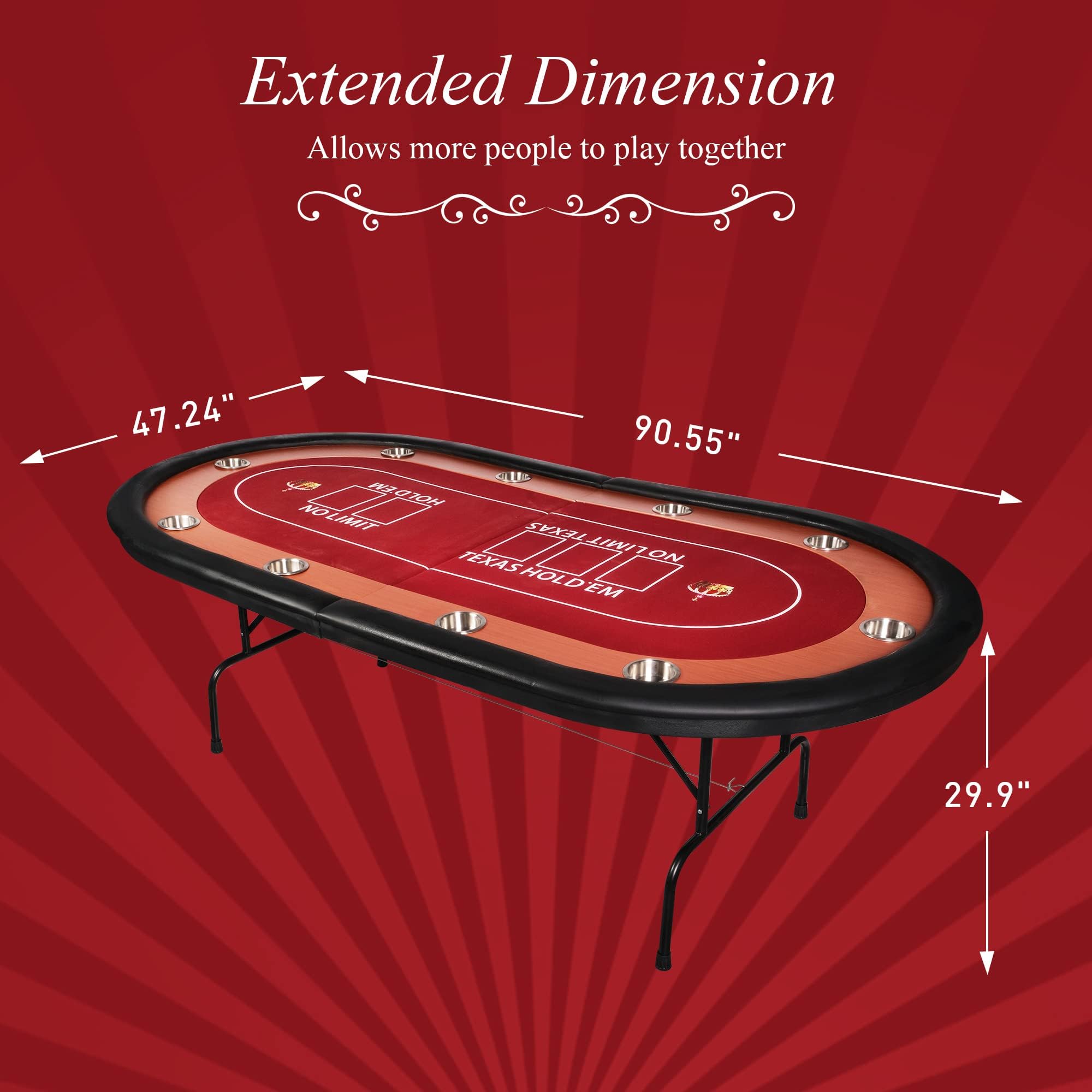 91'' Foldable Poker Table for 10 Players - Texas Hold'em, Blackjack & Casino Card Games - Portable Folding Design with Padded Rails, Cup Holders & Red Felt Surface - Perfect for Home Game Nights, Poker Parties & Casino-Themed Events