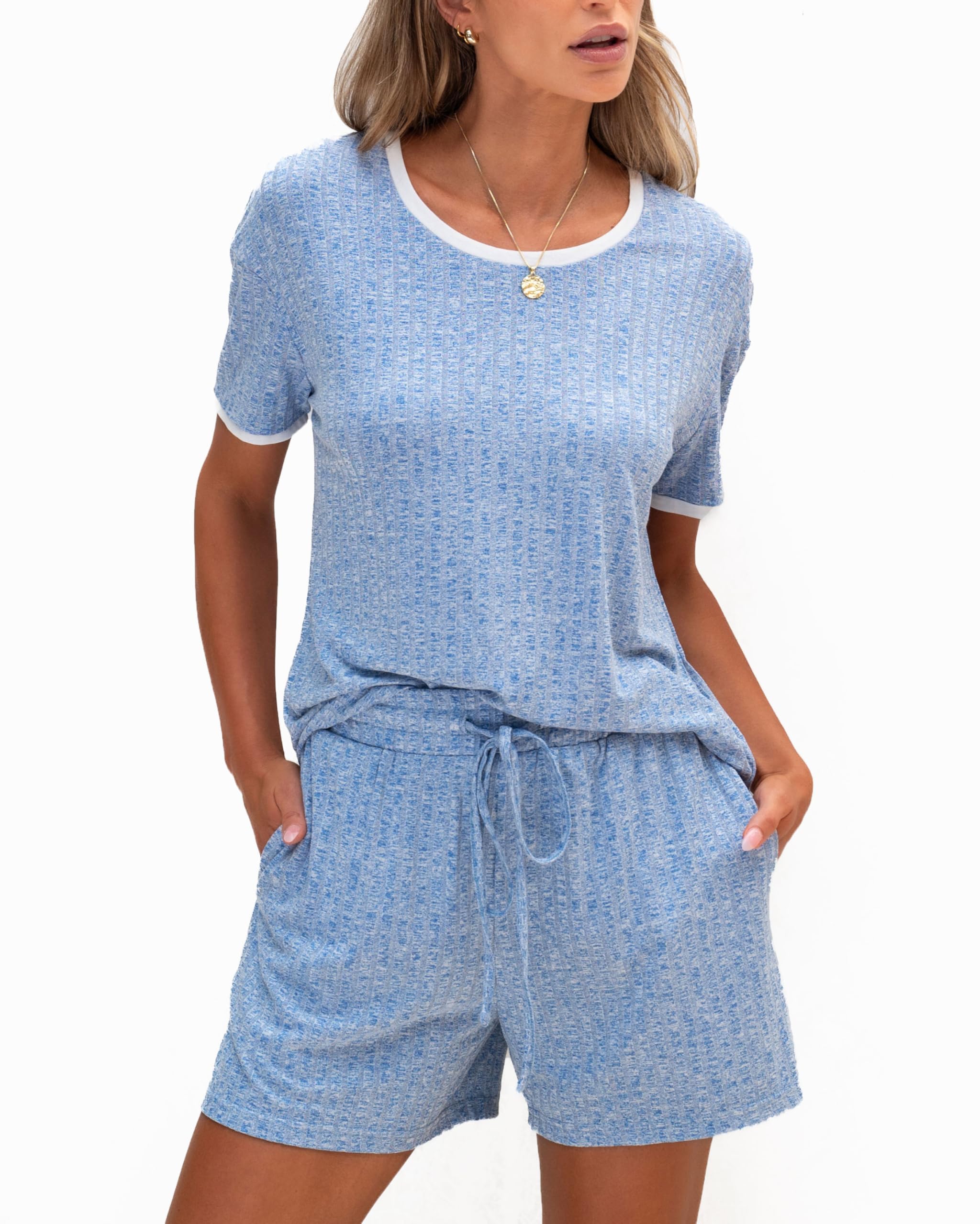 Anbech Women's 2 Piece Ribbed Pajama Set - Short Sleeve Sleepwear & Lounge Outfit for Cozy Nights, Relaxing at Home, and Gift Giving