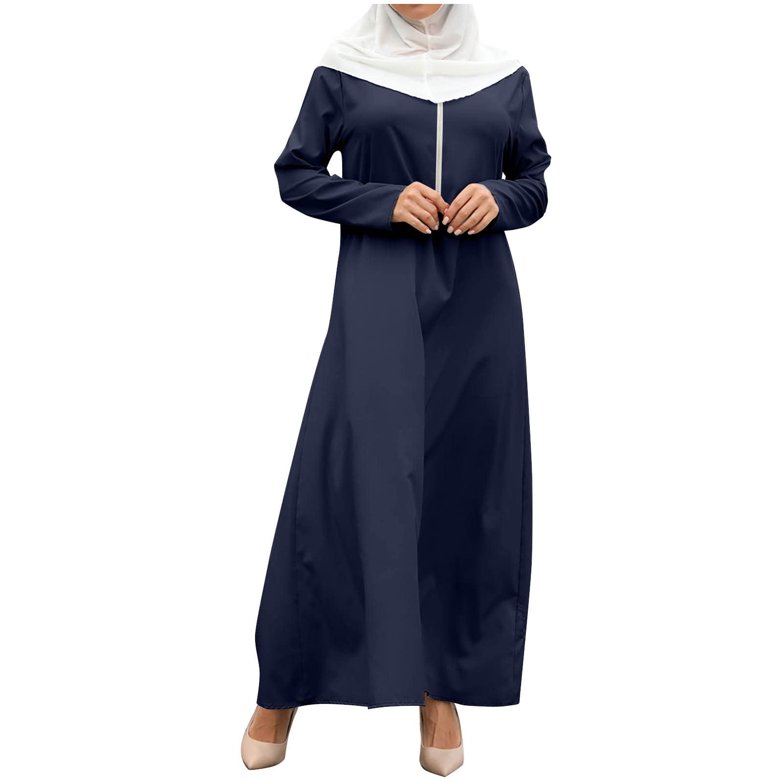 Women's Summer Muslim Dresses - Zipper Front Solid Color Round Neck Long Sleeve Tunic Maxi Dress | Casual Vintage Style for Beach, Travel & Daily Wear