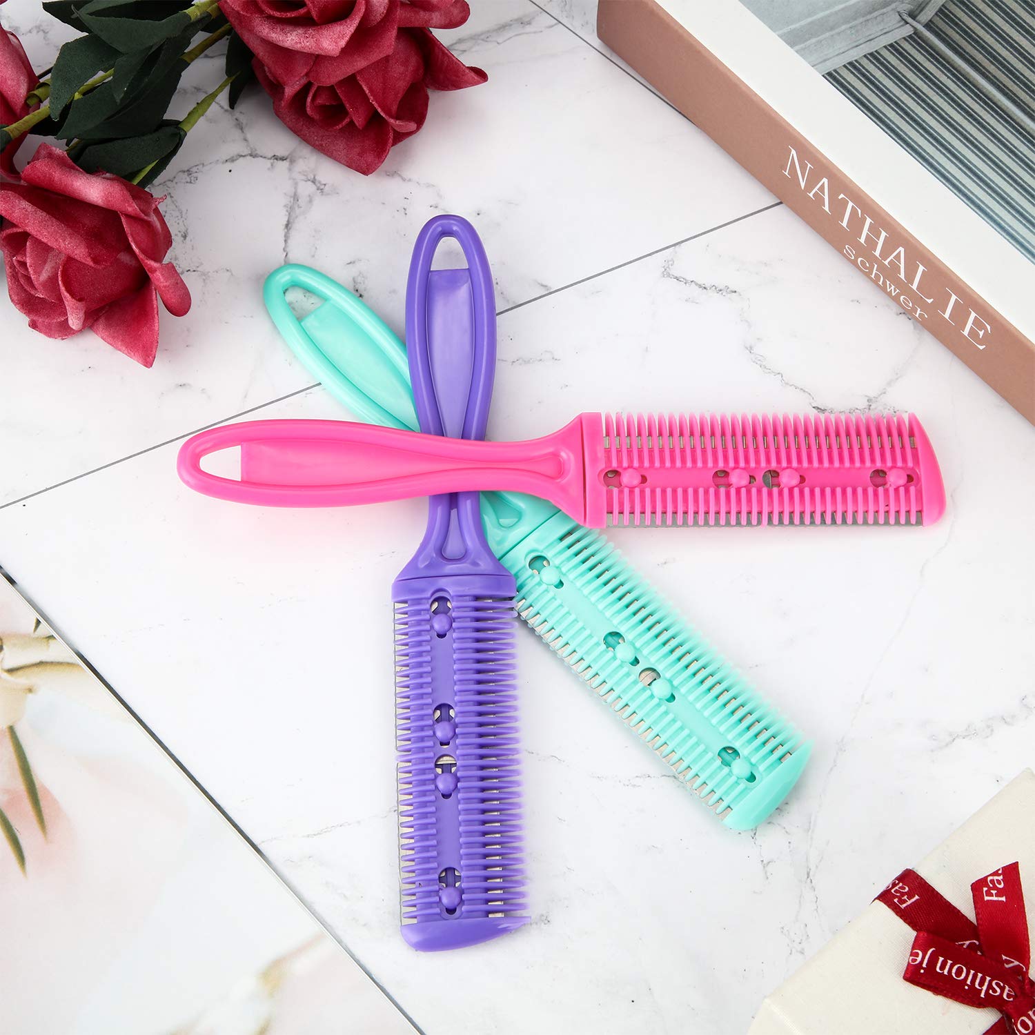 Professional 3-Piece Hair Cutting Comb Set with 10 Double Edge Razors & Thinning Comb - Green, Purple, Pink for Precision Haircuts | Salon & Home Barber Use for Men & Women