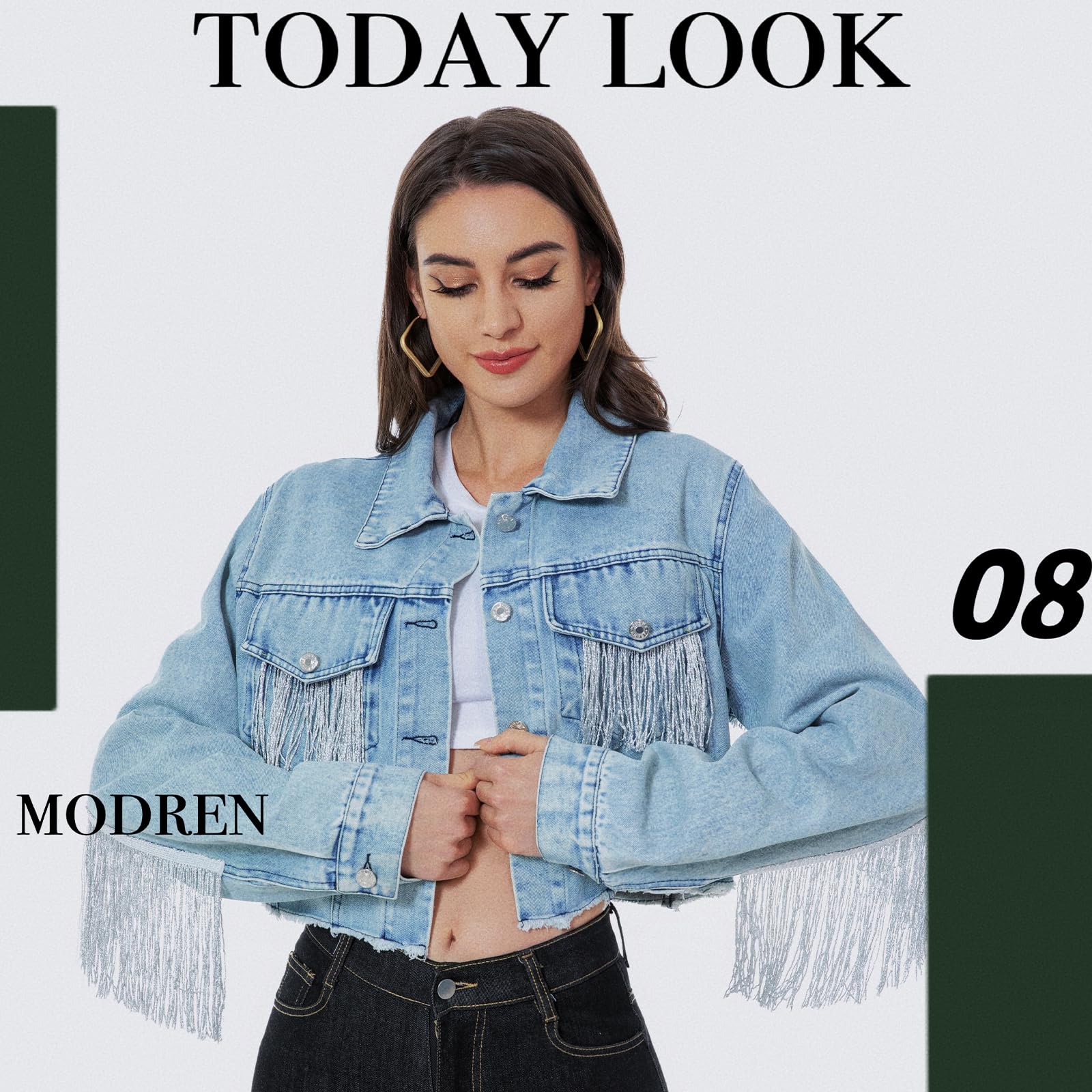 Distressed Cropped Denim Jacket for Women - Rhinestone & Fringe Embellished Long Sleeve Jean Coat | Perfect for Casual Outfits, Music Festivals & Boho Style