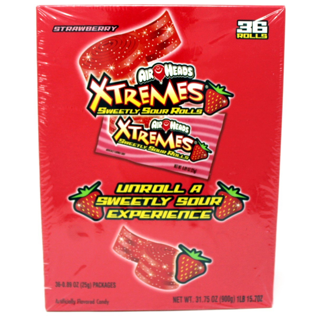 Airheads Xtremes Sweetly Sour Candy Rolls - Strawberry Flavor - 36 Count (0.89 oz Each) - Perfect for Halloween, Parties & Snacking