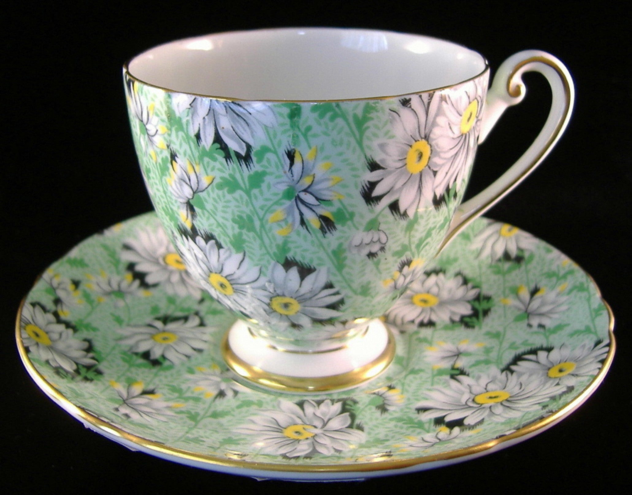 Vintage Shelley England Green Daisy Chintz Teacup and Saucer Set - Ripon Shape - Perfect for Afternoon Tea, Collecting, and Home Decor