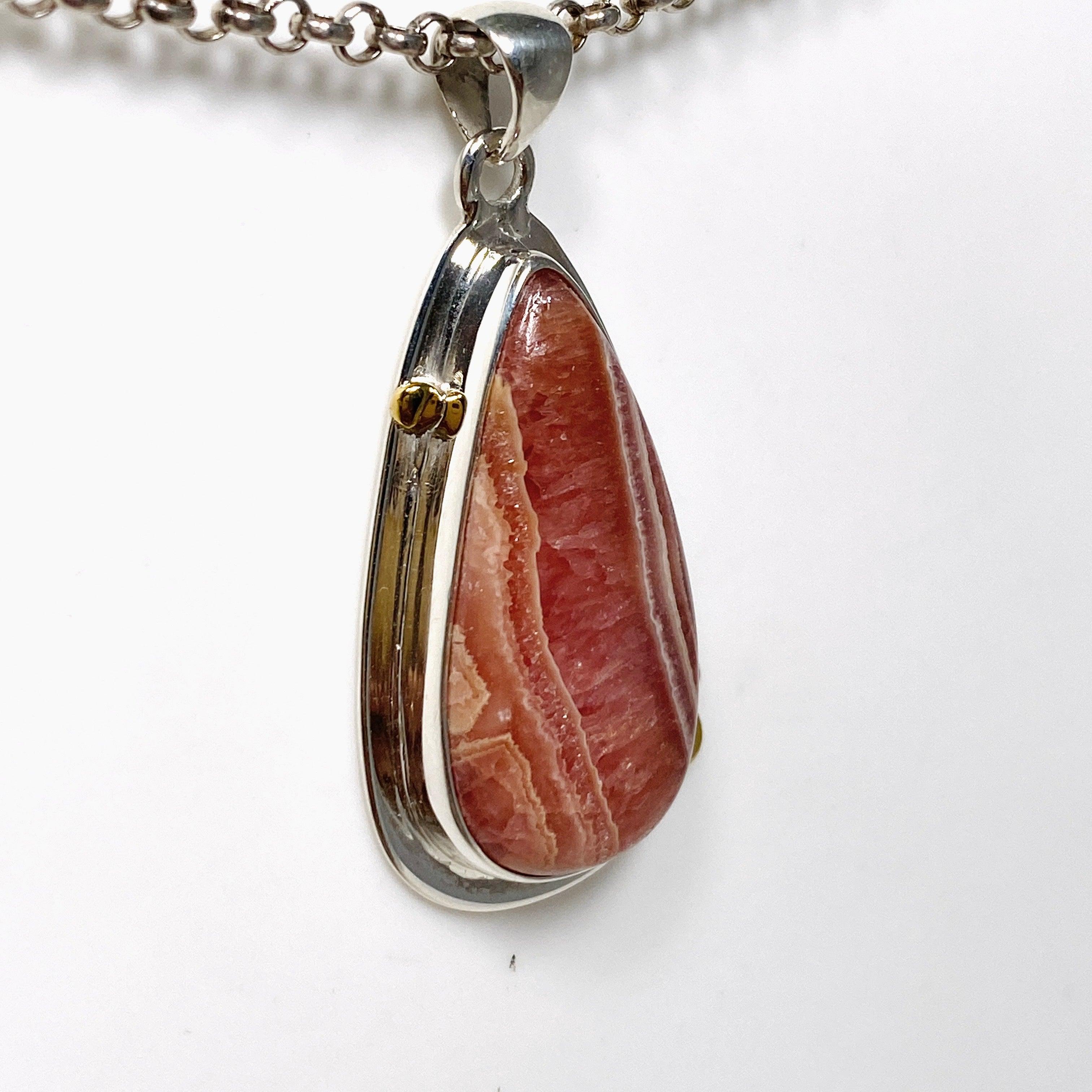 Rhodochrosite Teardrop Pendant Necklace with Brass Accents KPGJ4327 - Elegant Jewelry for Women, Perfect for Date Night & Special Occasions